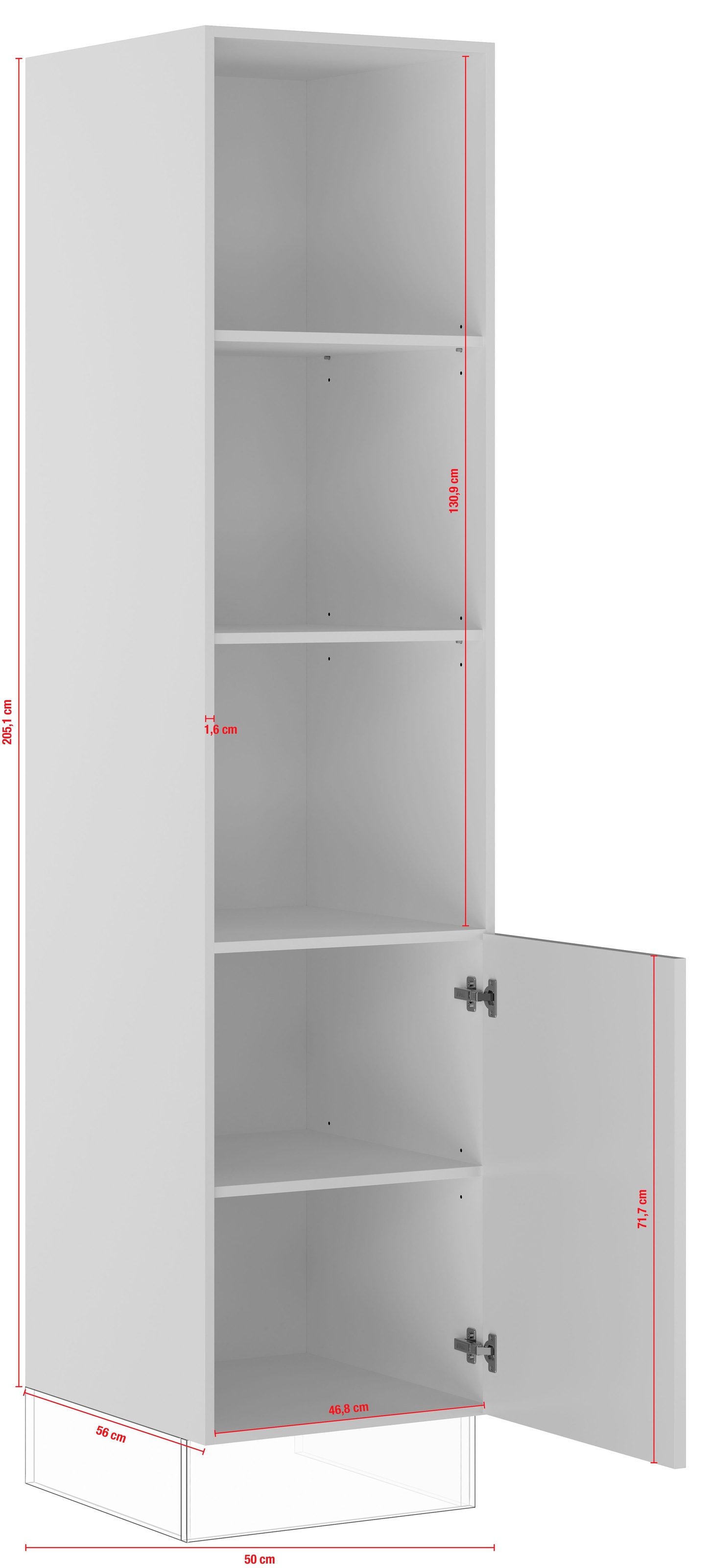 IMPULS KÜCHEN Seitenschrank »"Valencia", Breite/Höhe: 50/205,1 cm«, vormontiert, mit Drehtür, mit verstellbaren Fachböden