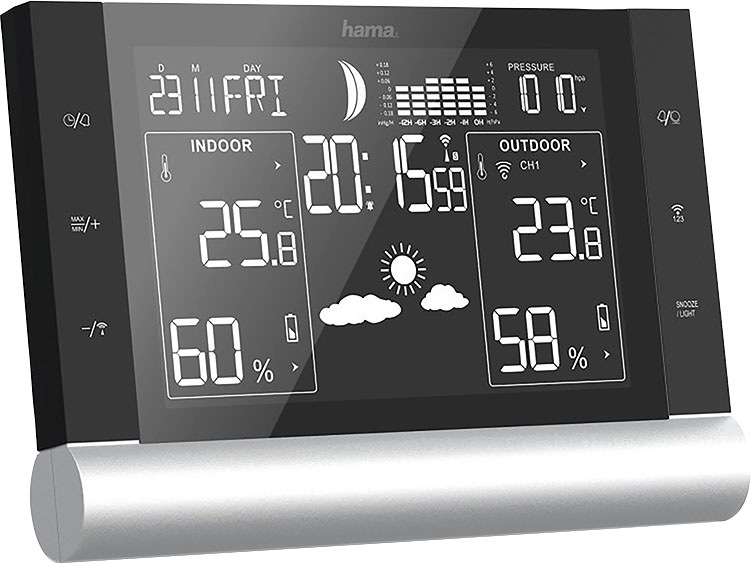 Thumbnail - Hama Wetterstation "Wetterstation, Funk, inkl. Außensensor, Wettervorhersage, mit Wecker" () Innen-/Außentemperatur, The...