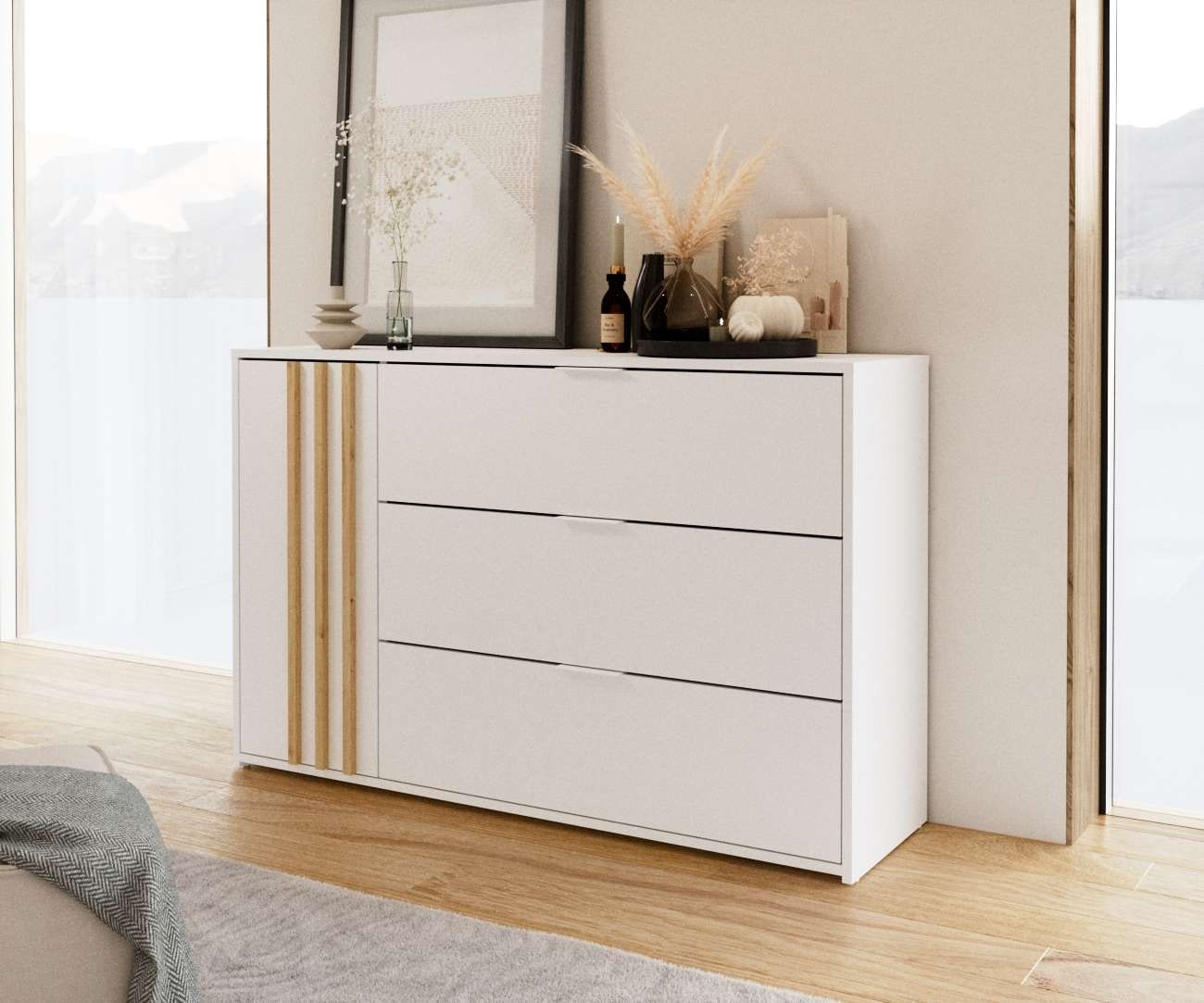 INOSIGN Kommode »Kommode Calera mit Drehtür, 3 Schubladen und MDF-Lamellen«, Kommode B/H/T 125/79,8/35 cm