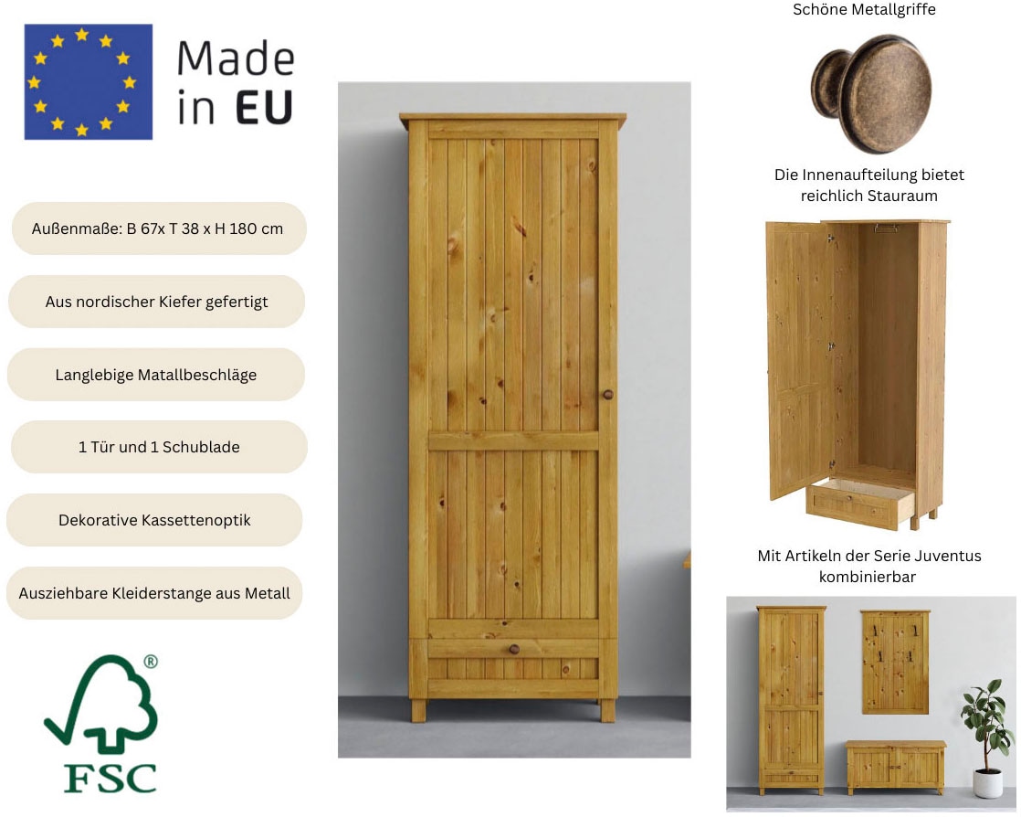 Home affaire Garderobenschrank »Juventus« 1 Stk. tlg. aus massiver Kiefer, Breite  67cm, mit Kleiderstange