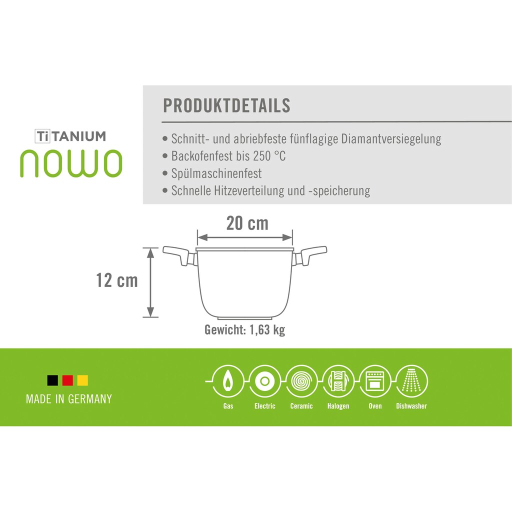 WOLL Topf-Set »Nowo Titanium«, Aluminiumguss, (Set, 8 tlg., je 1 Kochtopf 20/24/28 cm, 1 Stielkasserolle 18 cm)