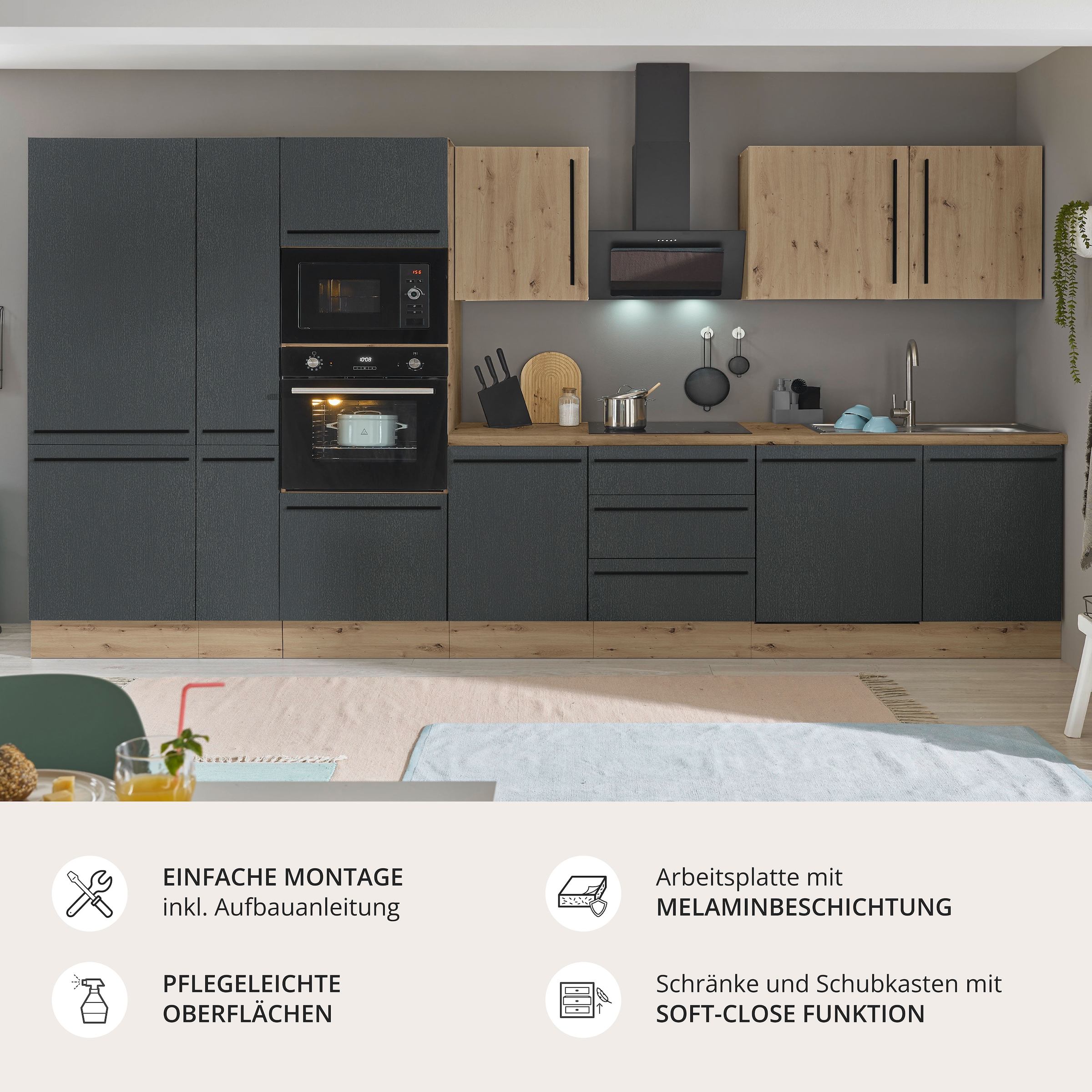 KOCHSTATION Küchenzeile »Florida« Breite 370 cm, wahlweise mit E-Geräten,Softclose für Türen/Schubkästen
