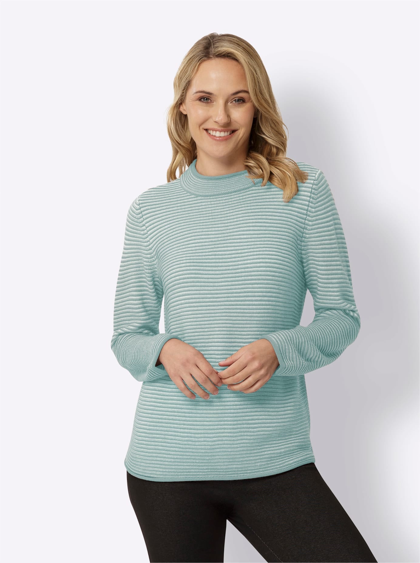 Stehkragenpullover CLASSIC BASICS "Stehkragen-Pullover", Damen, Gr. 44, grün (salbei, ecru, geringelt), 100% Polyacryl, gemustert, gestreift, mehrfarbig, Pullover Stehkragenpullover