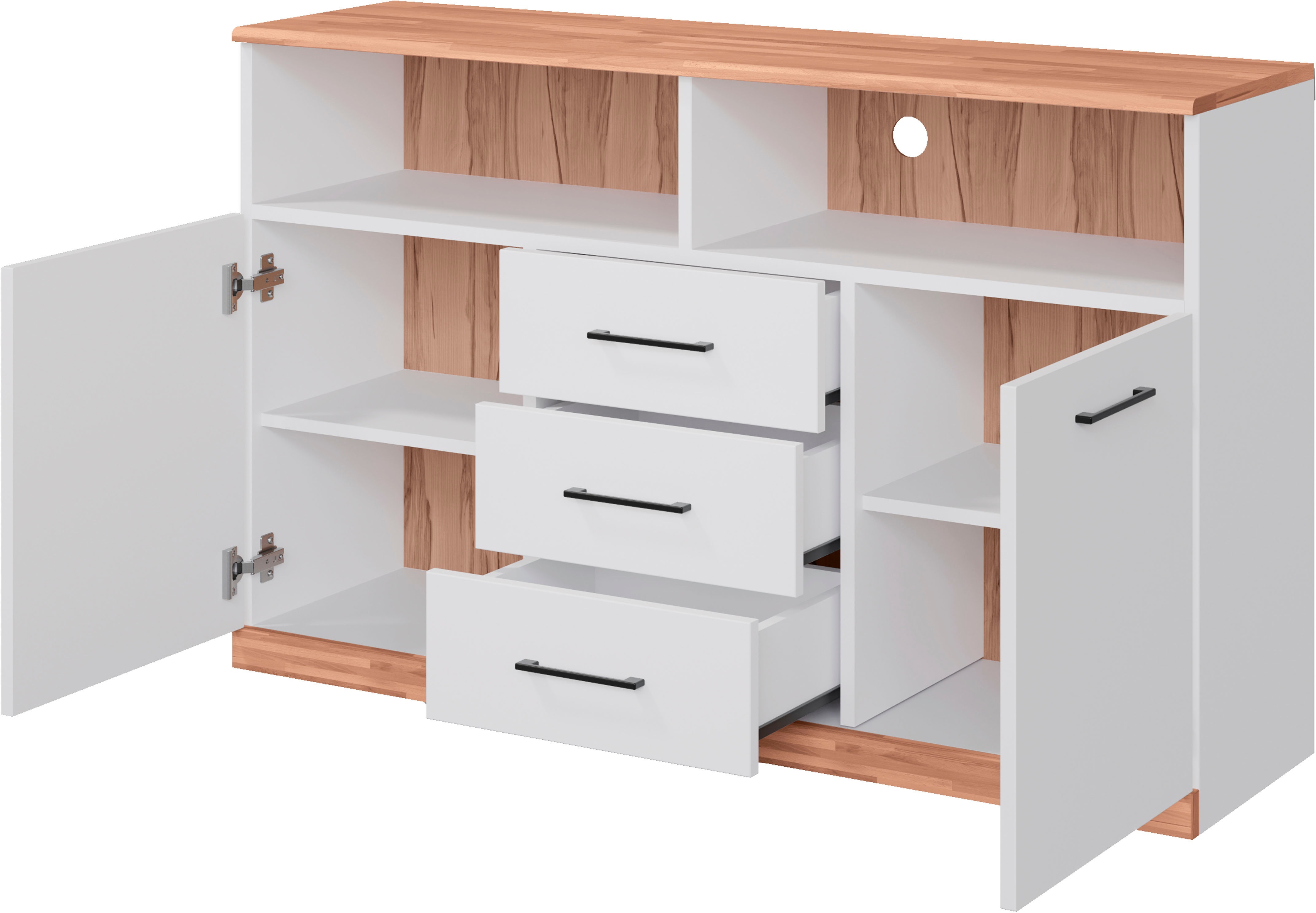 Thumbnail - Home affaire Sideboard "Ribe,130cm breit,80cm hoch, 6 Fächer", Oberplatte Kernbuche massiv,schwarze Metall Griffe