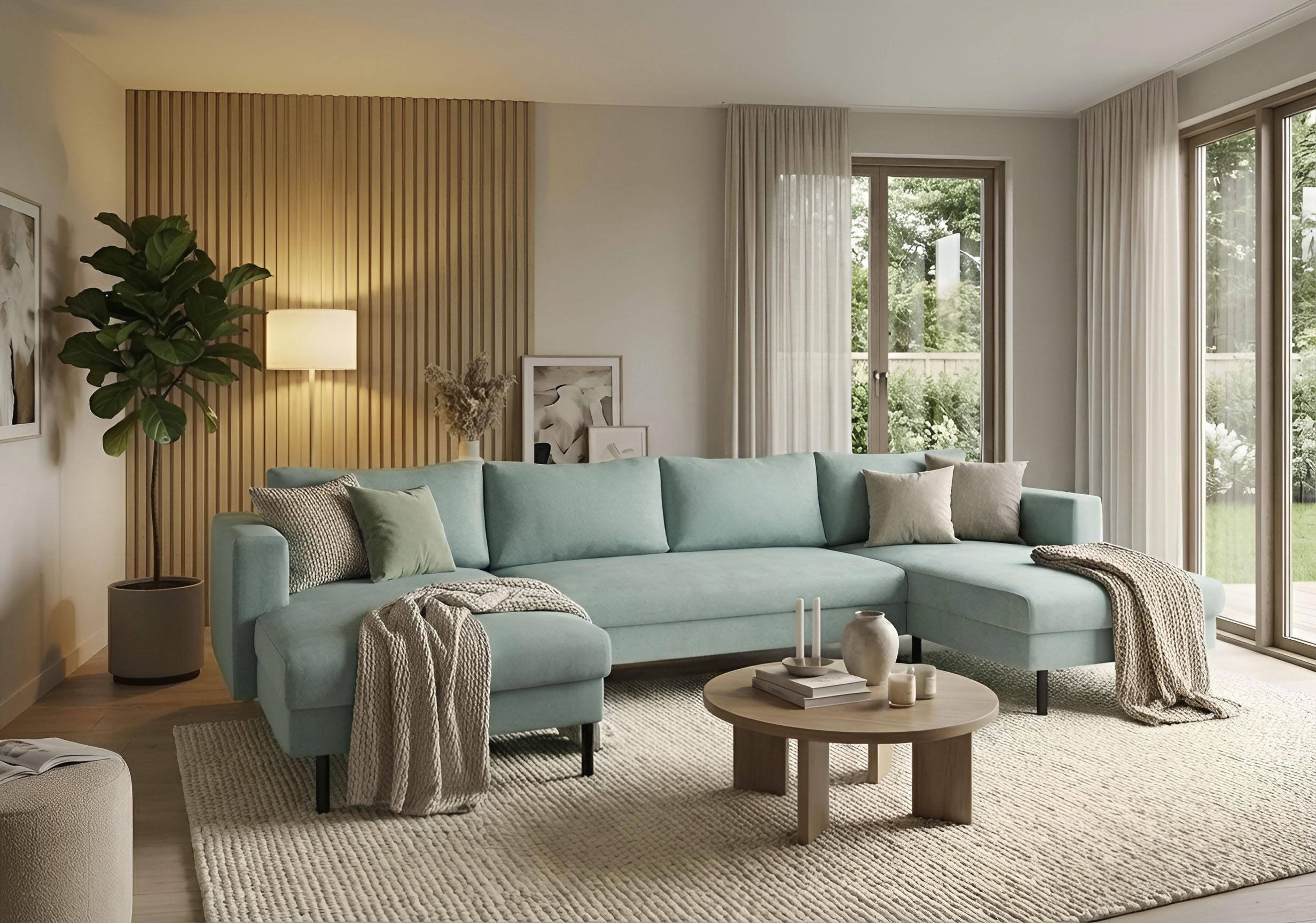 TRENDMANUFAKTUR Wohnlandschaft "Amazing II, wahlw. mit Schlaffunktion & Bettkasten, Fuß schwarz" Sofa in U-Form, in Cord, Struktur LEO o. Struktur LINO, Breite 305 cm