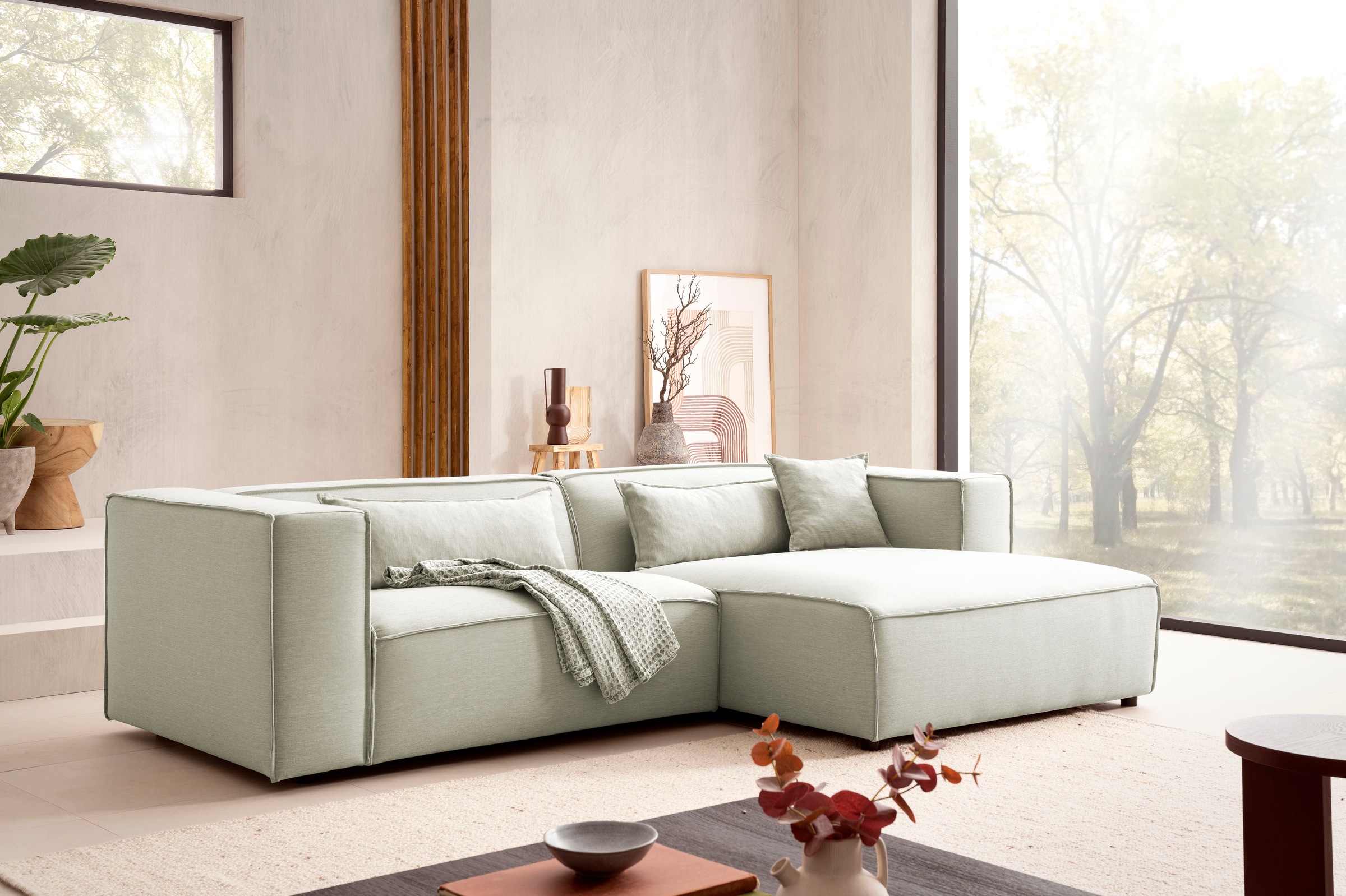 LeGer Home by Lena Gercke Ecksofa »PIARA mit Kedernaht in Cord oder Leinenoptik, moderne Couch in L-Form«, wahlweise Ottomane rechts/links, schwarze Füße, bequemer Sitzkomfort