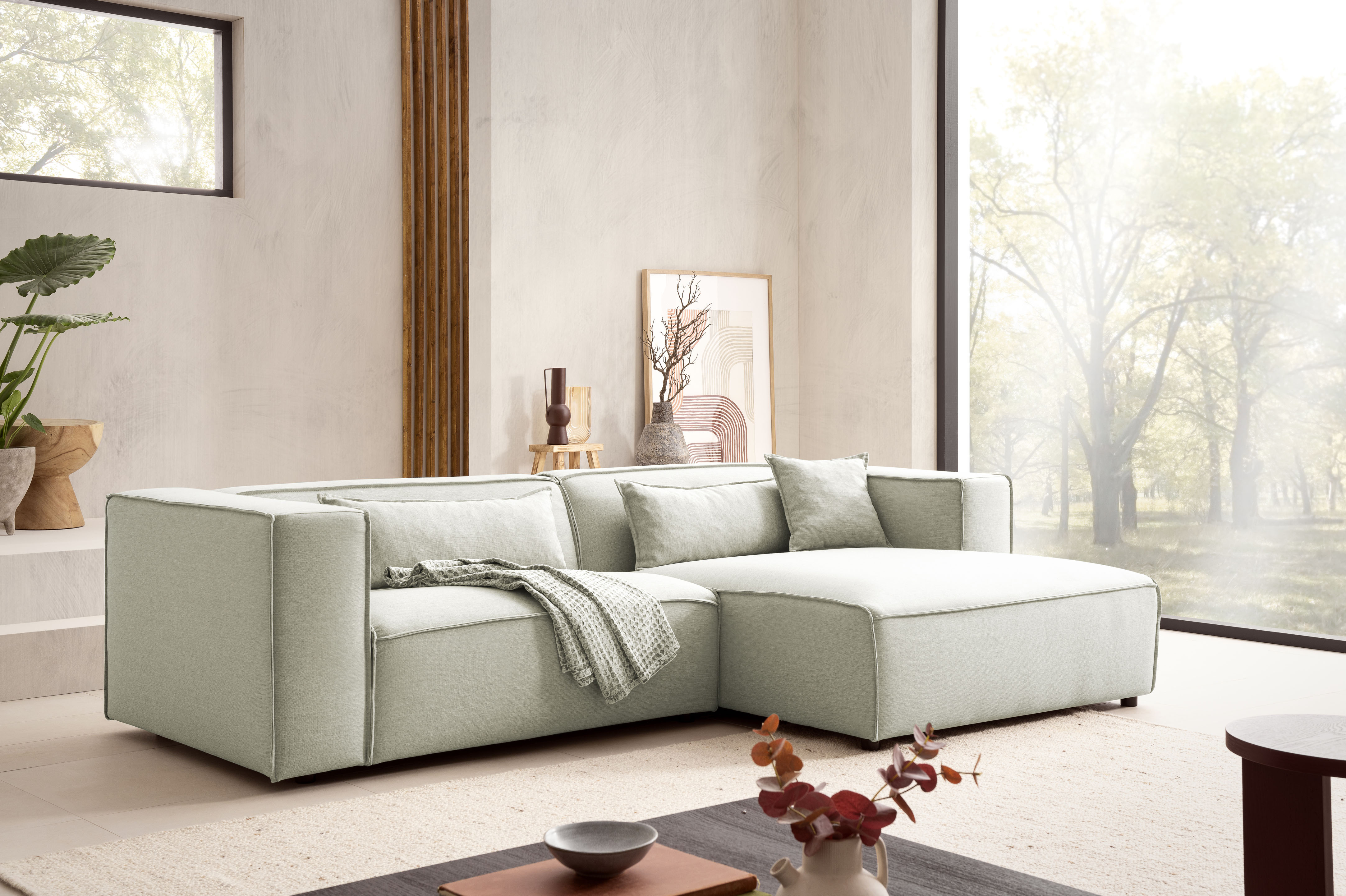 LeGer Home by Lena Gercke Ecksofa "PIARA Struktur u. Leinenoptik mit Kedernaht L-Form" wahlweise Ottomane rechts/links, schwarze Füße, bequemer Sitzkomfort