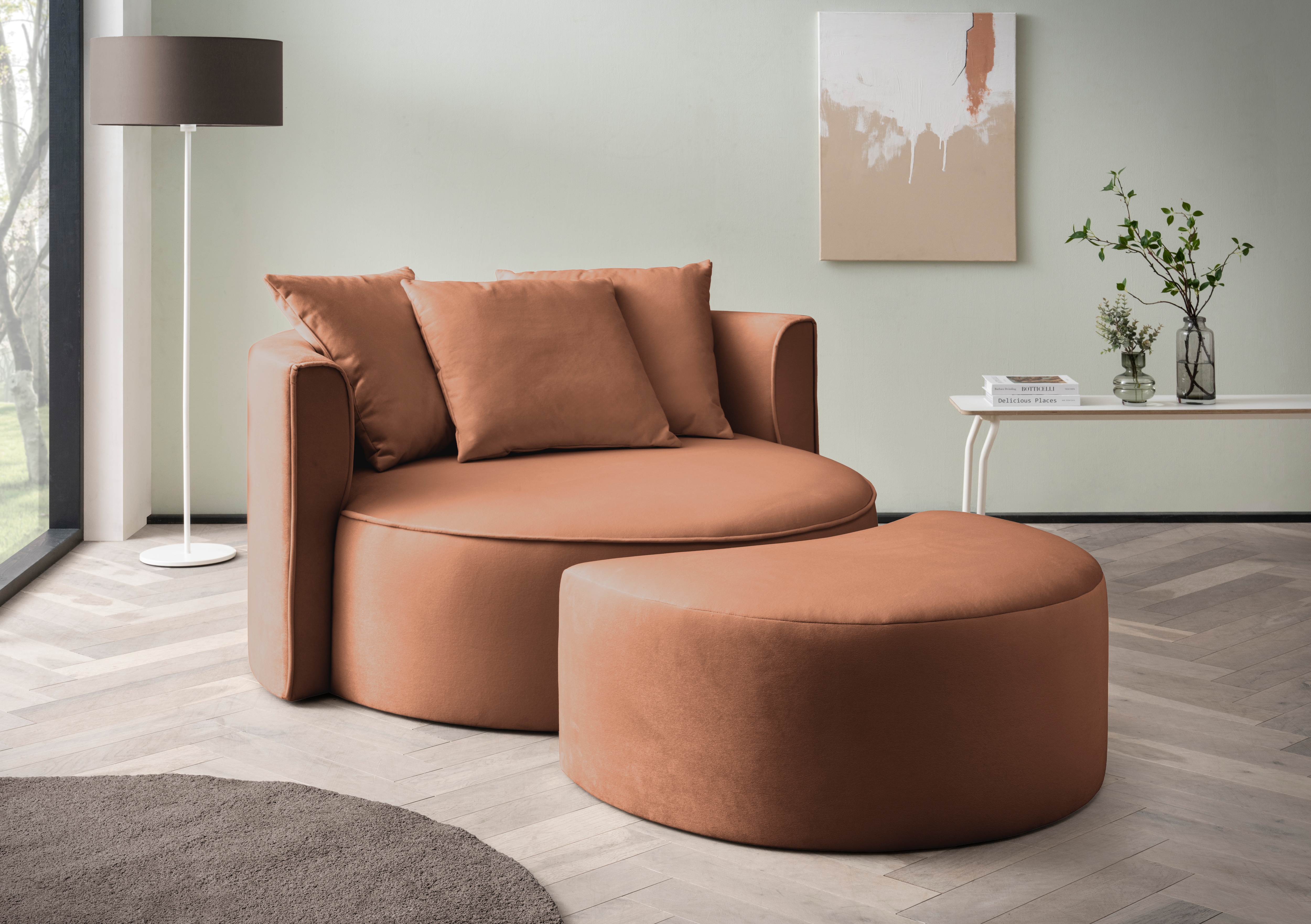 LeGer Home by Lena Gercke XXL-Sessel "ISALIE Samtoptik, Rundsessel m. Hocker, Lesesessel,Loveseat,Big-Sessel" Set, trendige Bezugsstoffe, 3 Zierkissen, große Sitzfläche