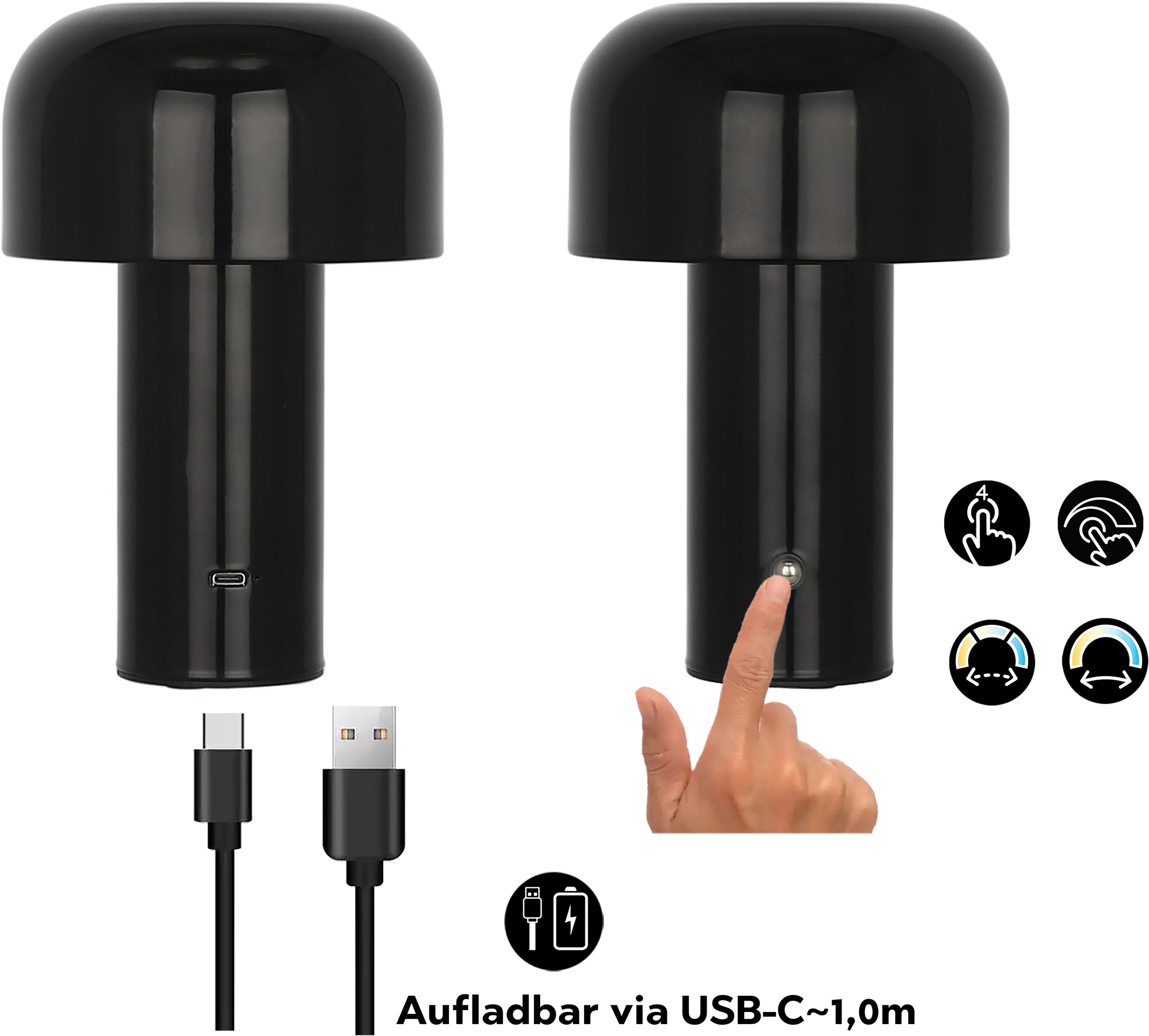 OTTO HOME LED Tischleuchte "Ronno", schwarz, 1, Ø 12,6cm H: 19cm, 1 Stk., Leuchten, USB-C, Akku, Typ-C-Ladekabel, CCT, Tischlampe kabellos, Akkulampe, LED Tischleuchte 2