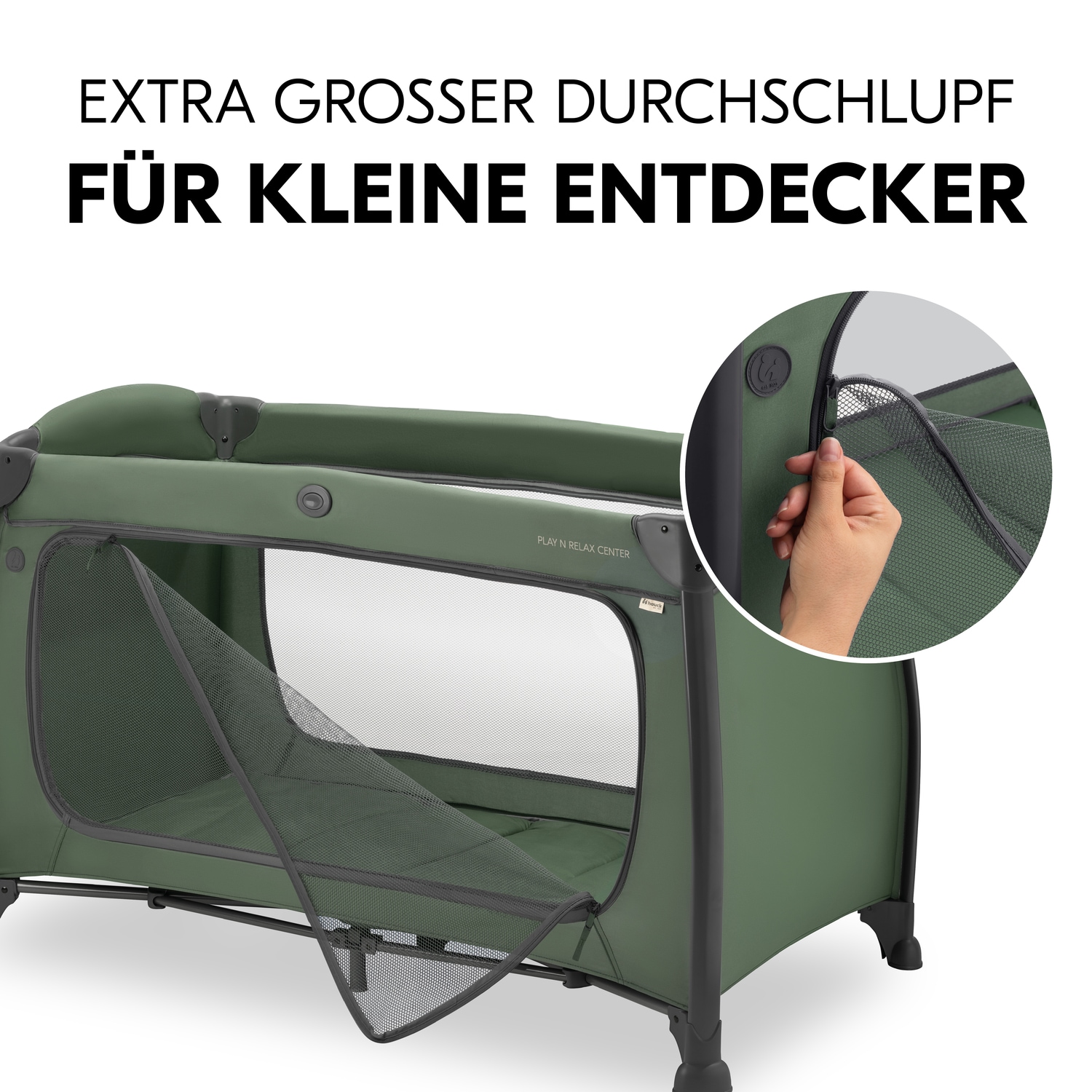 Hauck Baby-Reisebett »Play N Relax Center, darkgreen«, inkl. Neugeboreneneinhang, Wickelmulde, Ausstieg, Räder