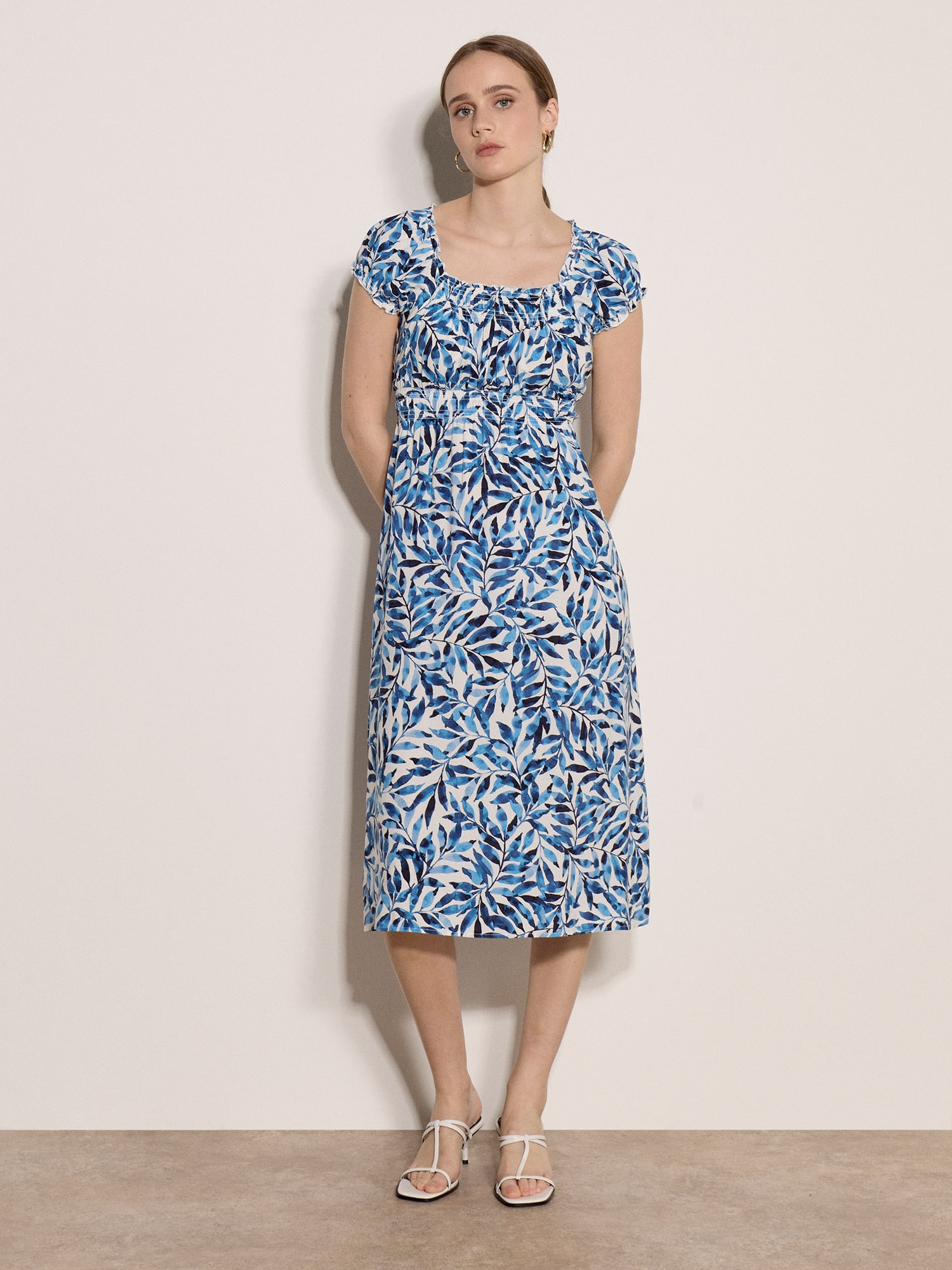 Apricot Midikleid "Druckkleid" mit Blattmuster