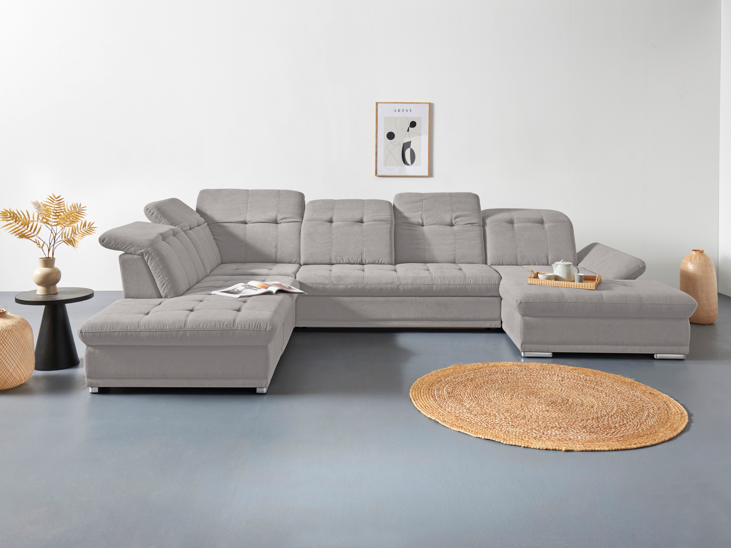 Wohnlandschaft COTTA "Holiday U-Form mit Sitztiefen-, Armteil- und Kopfteilverstellung", grau (stone), B:386cm H:86cm T:265cm, 100% Polyester, Sofas, Wohnlandschaft, wahlweise mit Bettfunktion & Bettkasten
