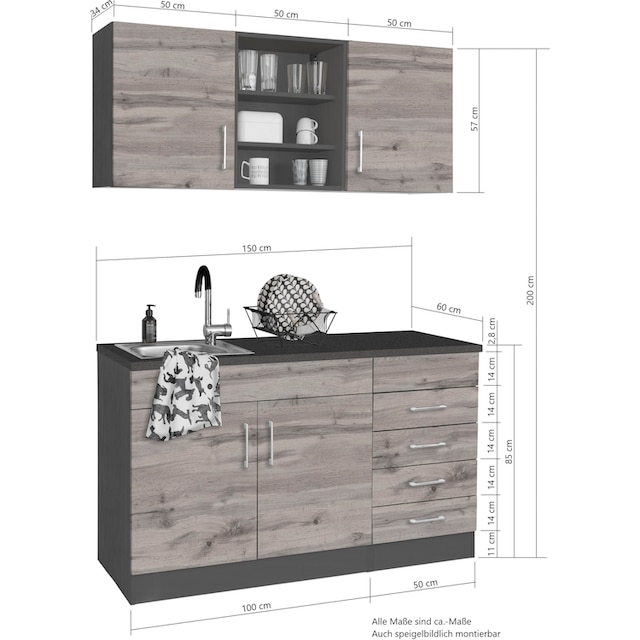 HELD MÖBEL Küche »Mali«, Breite 150 cm, wahlweise mit E-Geräten | BAUR