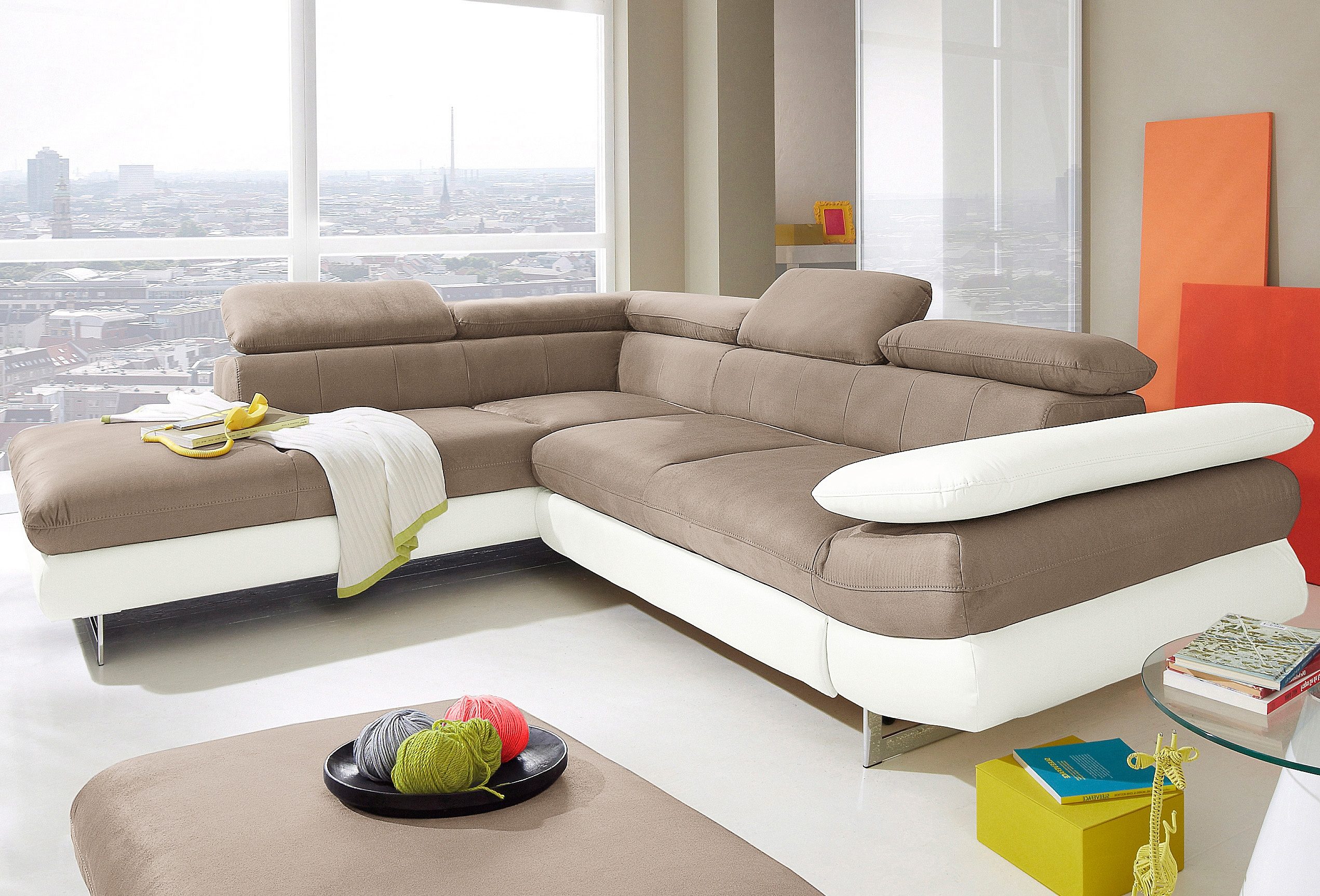 COTTA Ecksofa "Solution L-Form, Design Sofa, bequeme Wellenunterfederung, Design Fuß" mit Arm- & Kopfteilverstellung, wahlweise mit Schlaffunktion