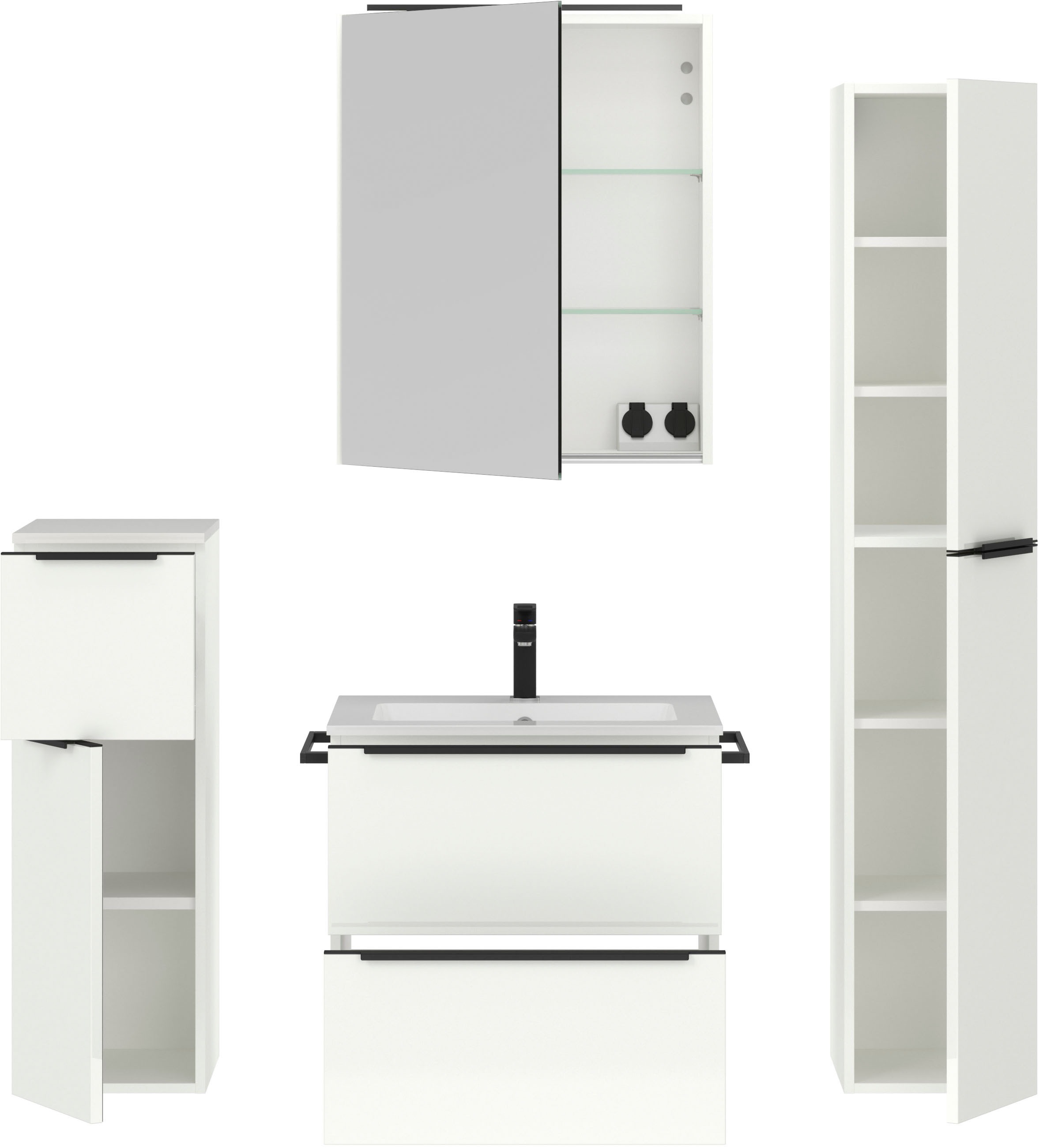 nobilia® Badmöbel-Set »Levere«, (4 St., vormontiert, mit Soft-Close), inkl. Spiegelschrank mit Beleuchtung und Dimmerfunktion, in 4 Breiten