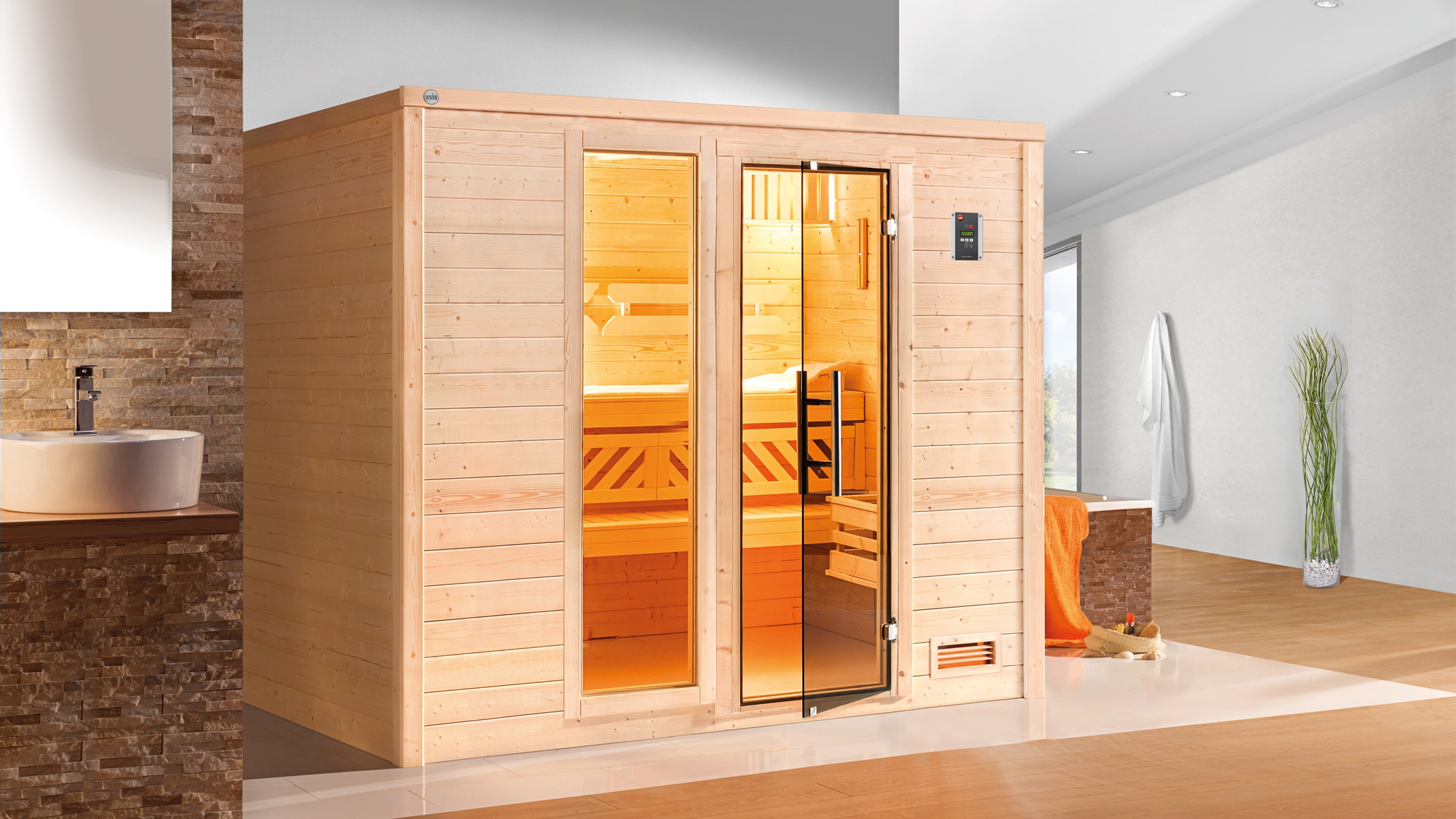 weka Sauna »Massivholzsauna BERGEN 3«, Blockbohlen, Fensterelement, moderne Ganzglastür