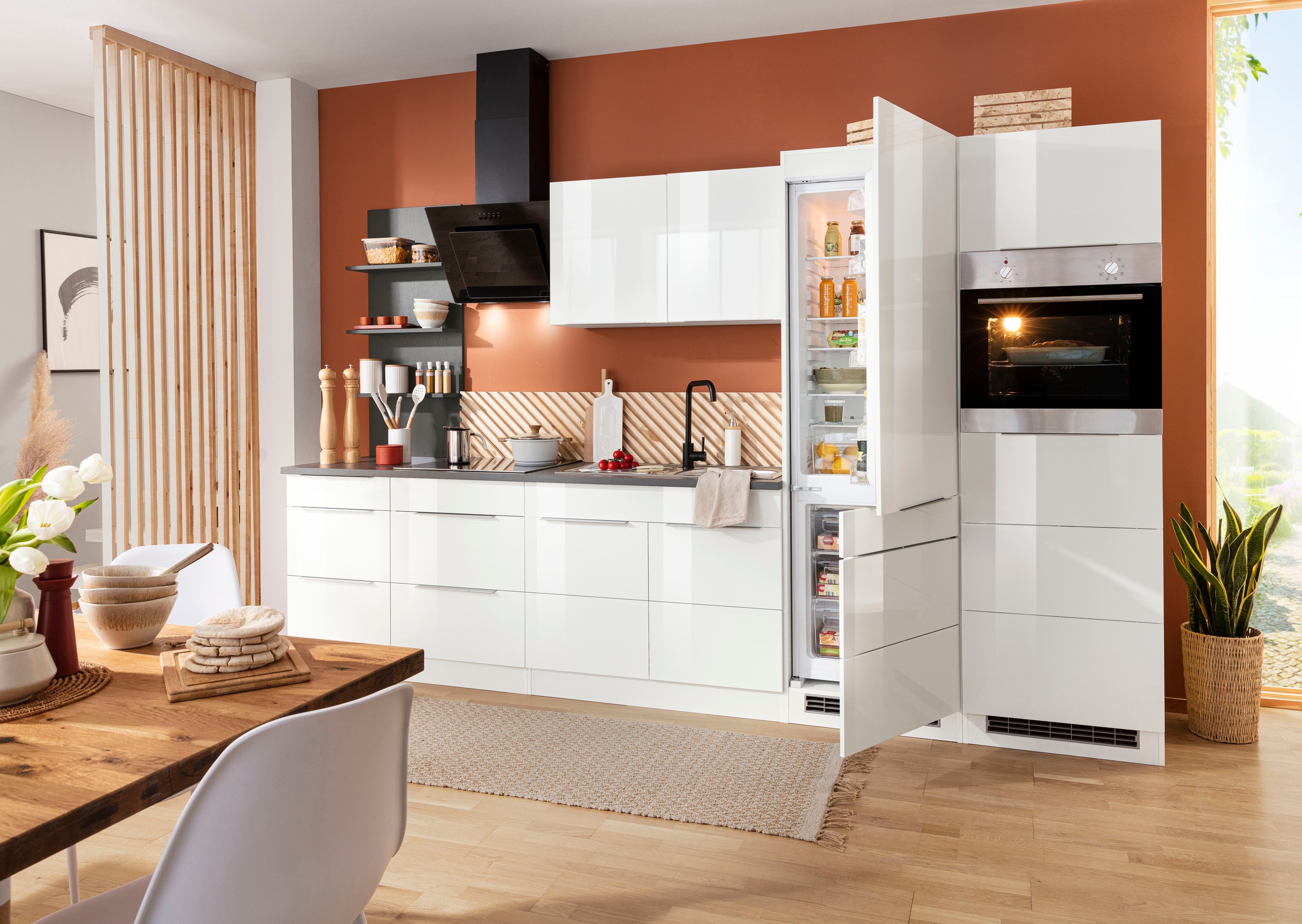KOCHSTATION Küchenzeile »KS-Brindisi Breite 330 cm« wahlweise mit E-Geräten und Induktion, mit MDF-Fronten und Regal