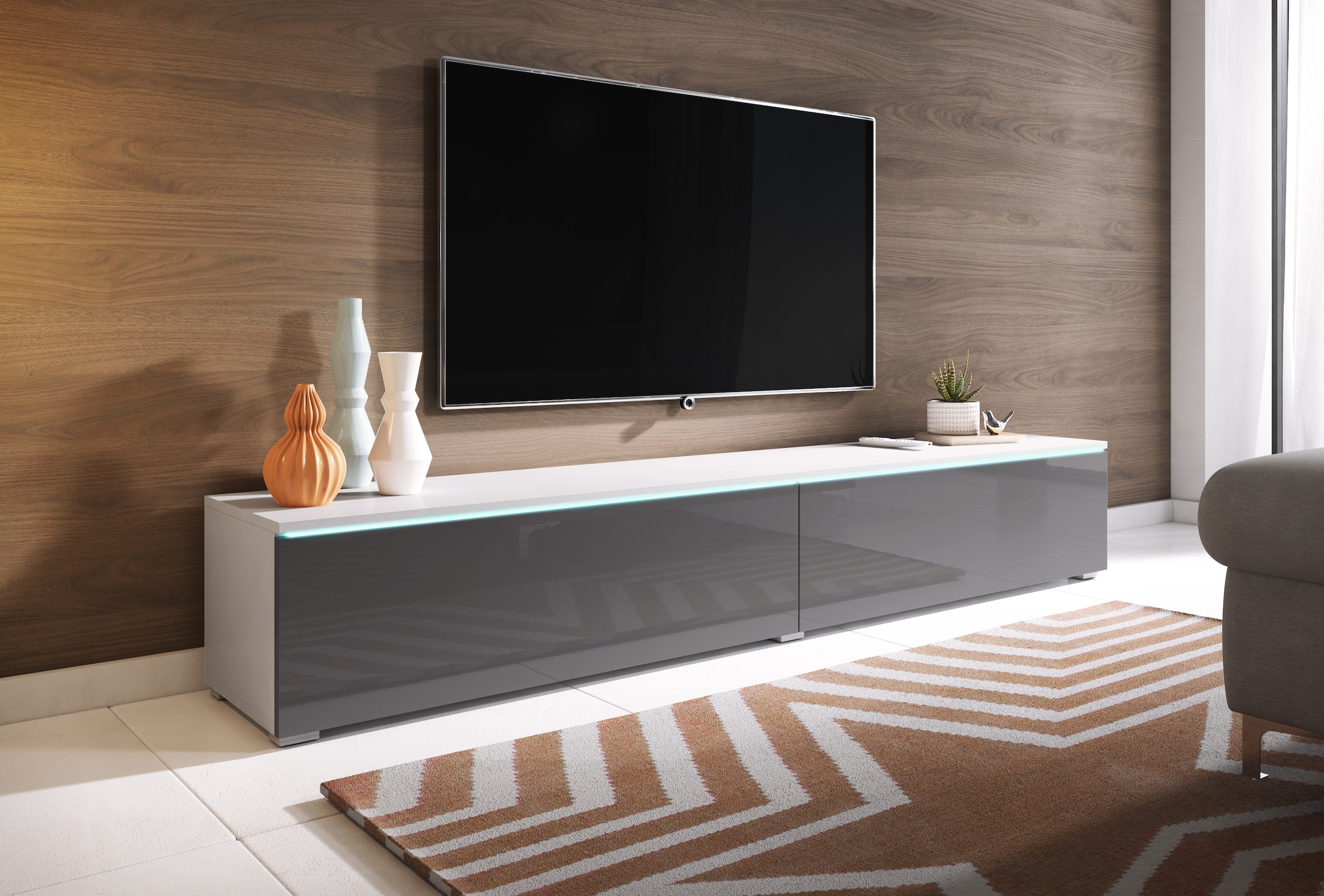 INOSIGN Lowboard »LOWBOARD VERA, wahlweise mit oder ohne Beleuchtung«, Modernes griffloses TV-Board, 180 cm TV-Schrank, stehend und hängend
