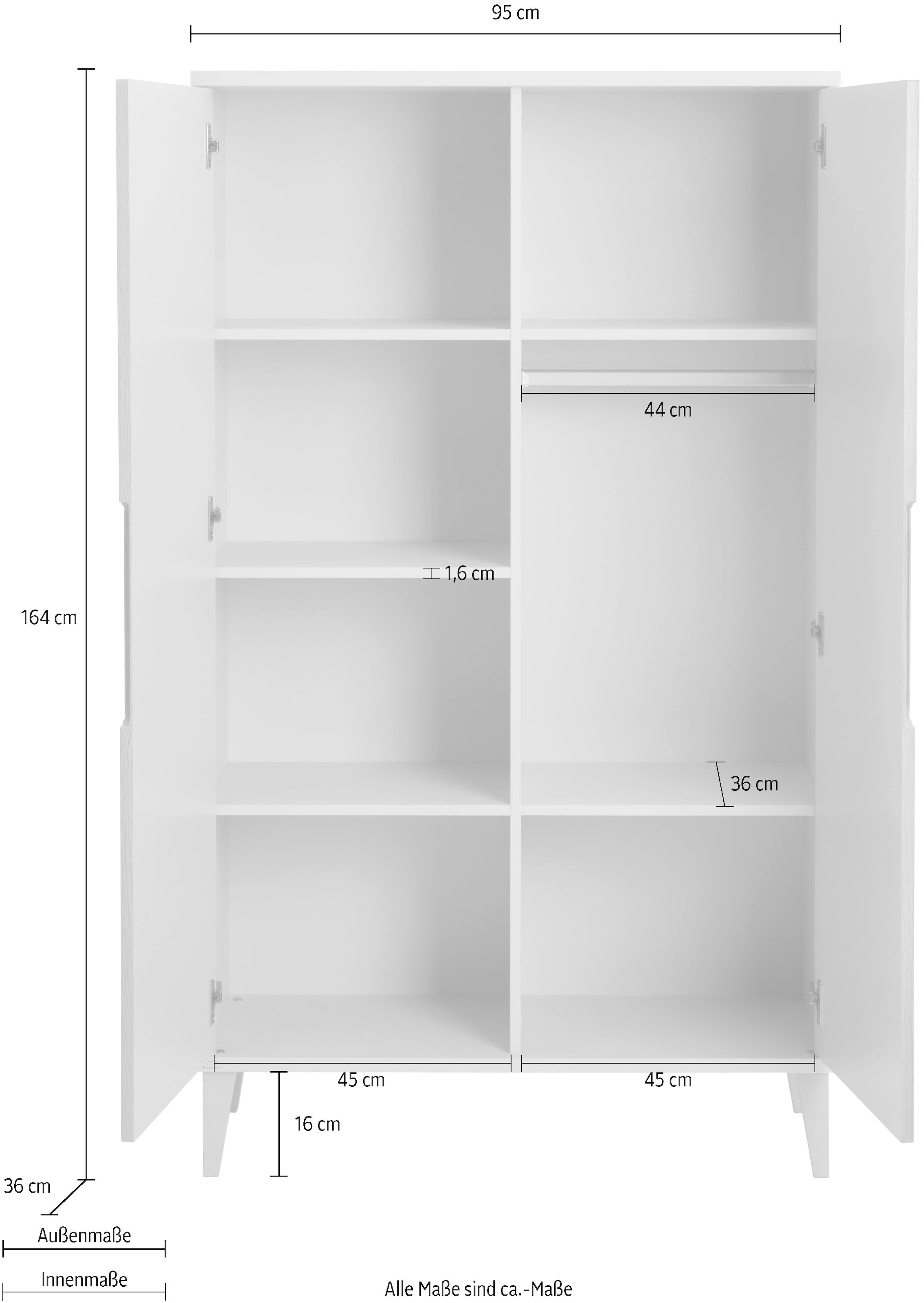 PAIDI Kleiderschrank »JONTE in Beige & Eichefarben mit gerillten Türen, verschiedene Größen« B/H/T ca. 95-141/164-207/40-56cm, mit 2 oder 3 Türen + Tiny-Variante,  stabiler Drehtürenschrank mit Massivholz-Füßen, Soft-Close-Funktion
