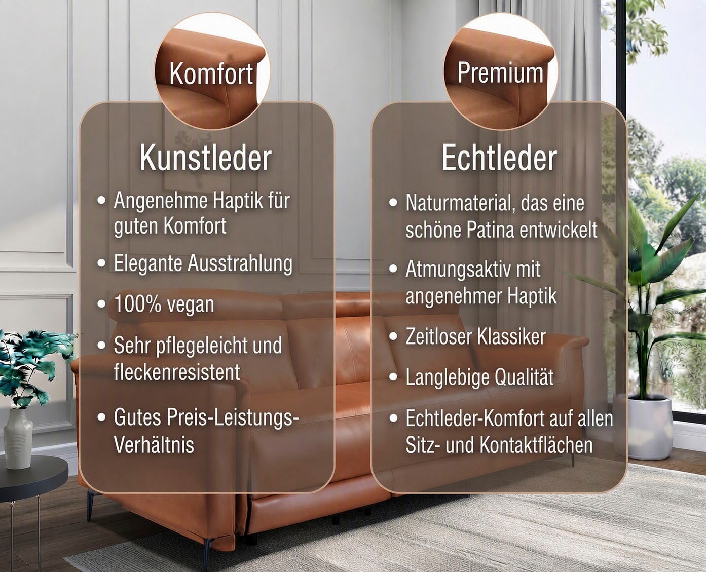 OTTO home 3-Sitzer »LUND,Lederoptik, 222 cm, man. o. elektr. Relaxfunktion in 2 Sitzen« (links/rechts), USB-A bei elektrischer Ausführung, Kopfteilverstellung