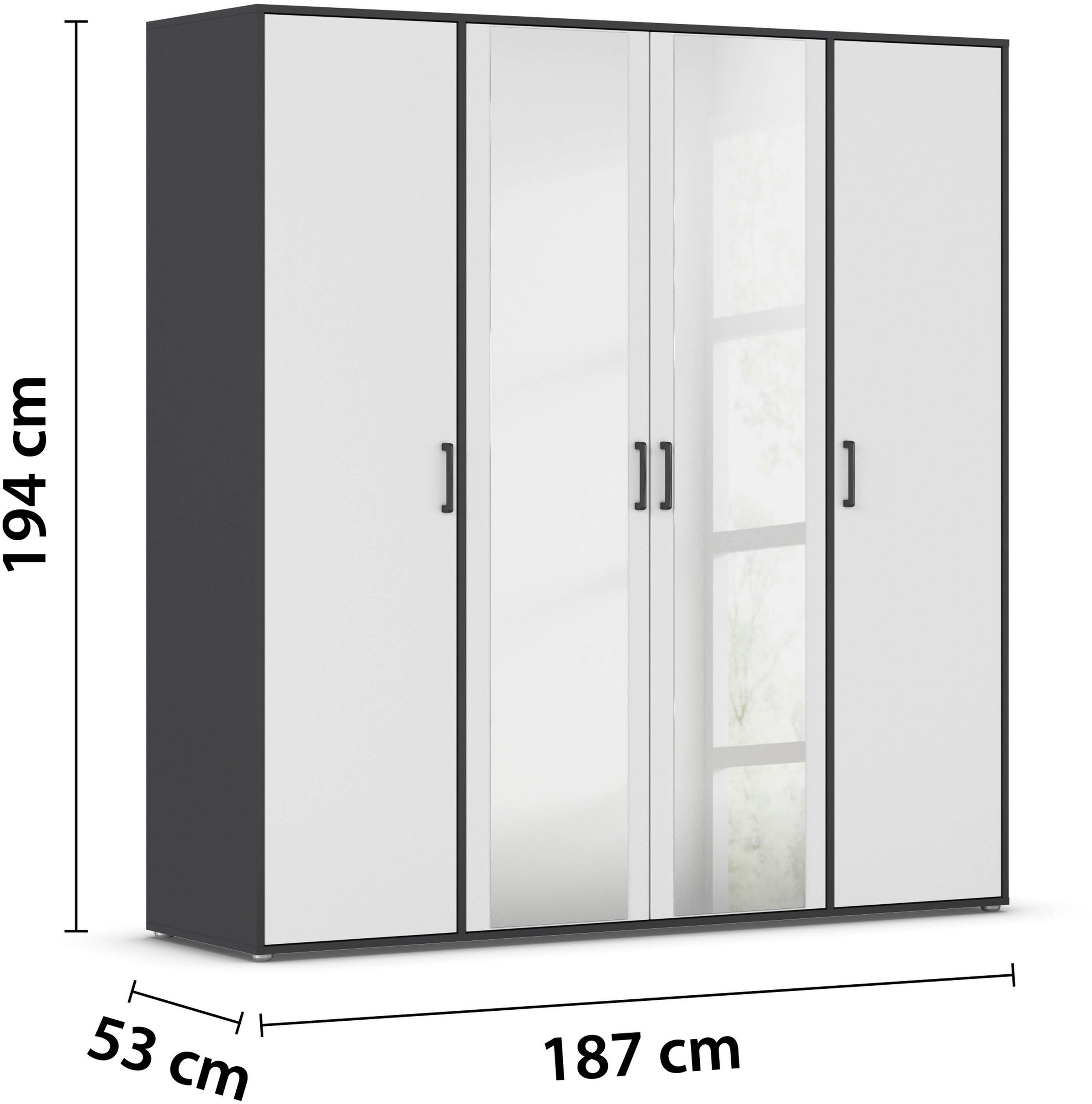 rauch Drehtürenschrank »Kleiderschrank Schrank Garderobe Wäscheschrank VOYAGER«, (in 3 verschiedenen Ausstattungen BASIC/CLASSIC/PREMIUM), mit modernen Griffen in Graumetallic und Spiegel