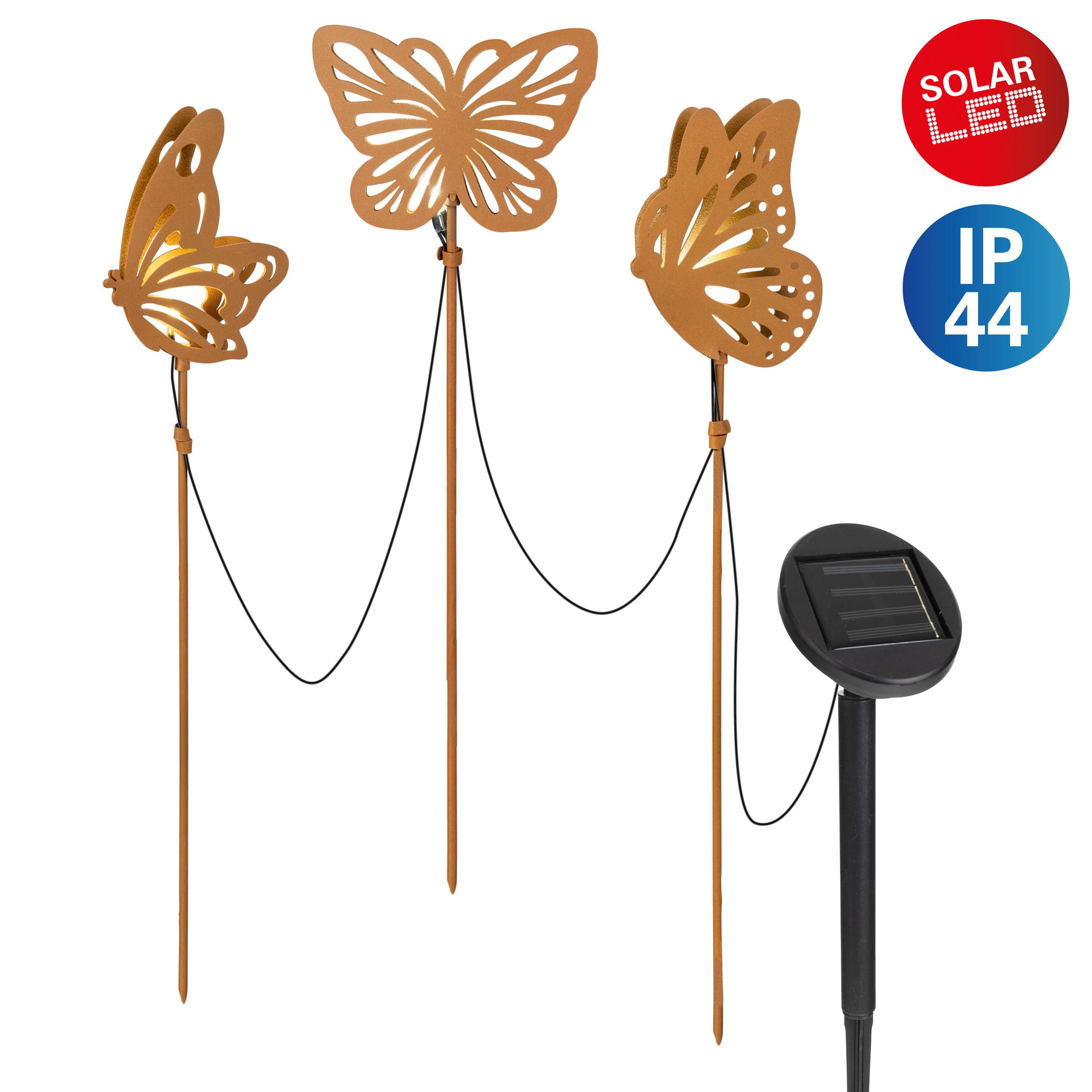 LED Solarleuchte NÄVE "Butterfly", braun, B:3cm H:52cm L:10cm, Leuchten, 3tlg. Dekoleuchte Schmetterling, braun, Lichtfarbe warmweiß, H: 52cm