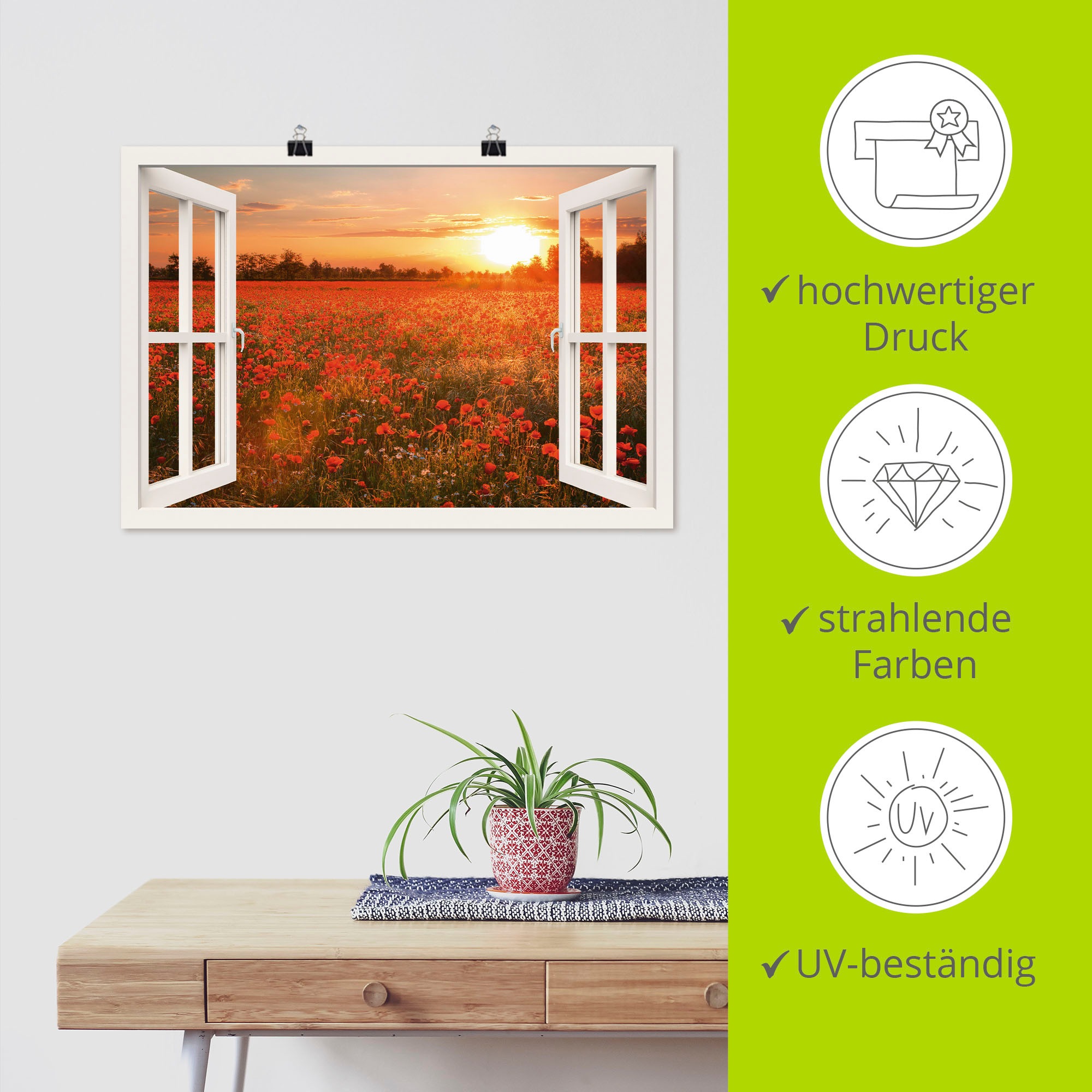 Artland Wandbild »Fensterblick Mohnblumenfeld«, Blumen, (1 St.), als Leinwandbild, Poster, Wandaufkleber in verschied. Größen