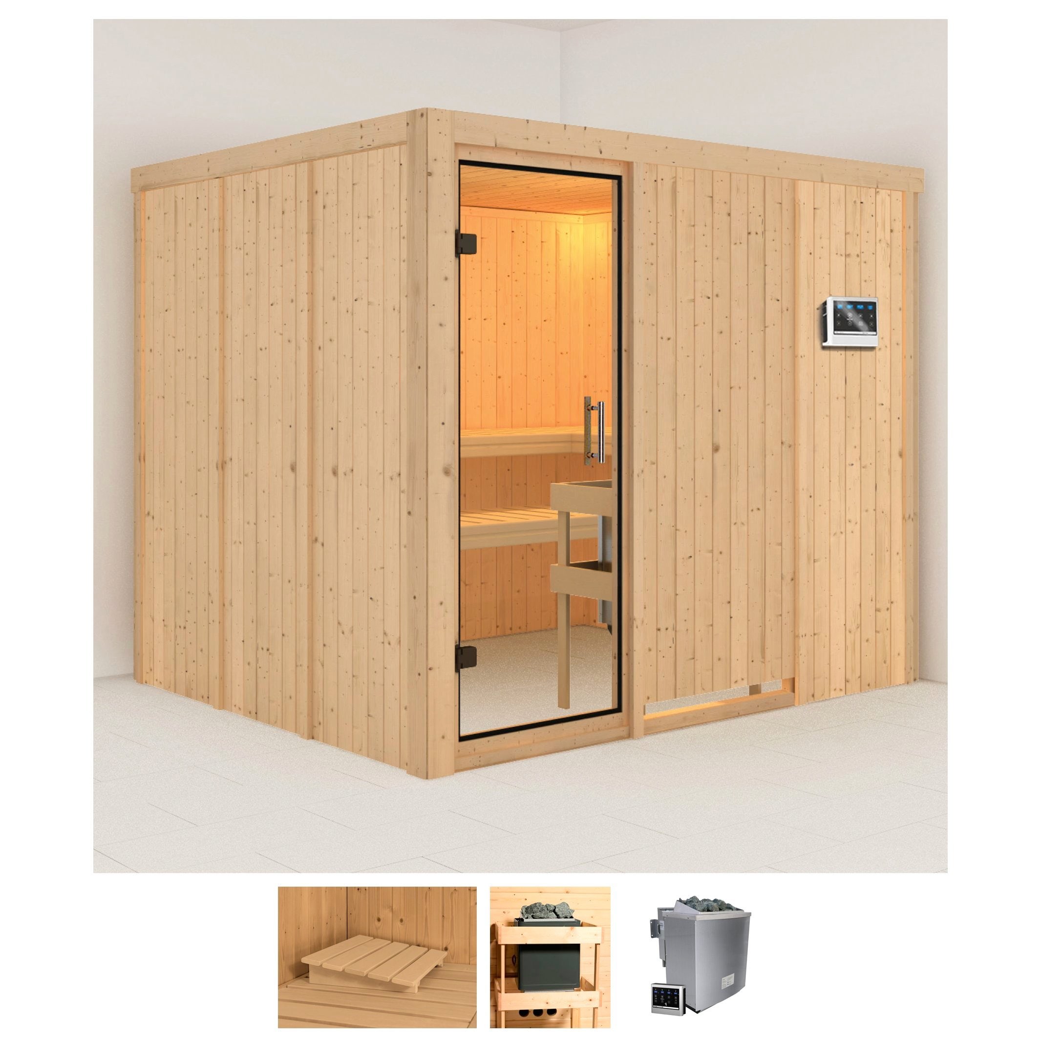 Karibu Sauna "Gitte" Set, 9-kW-Bio-Ofen mit externer Steuerung