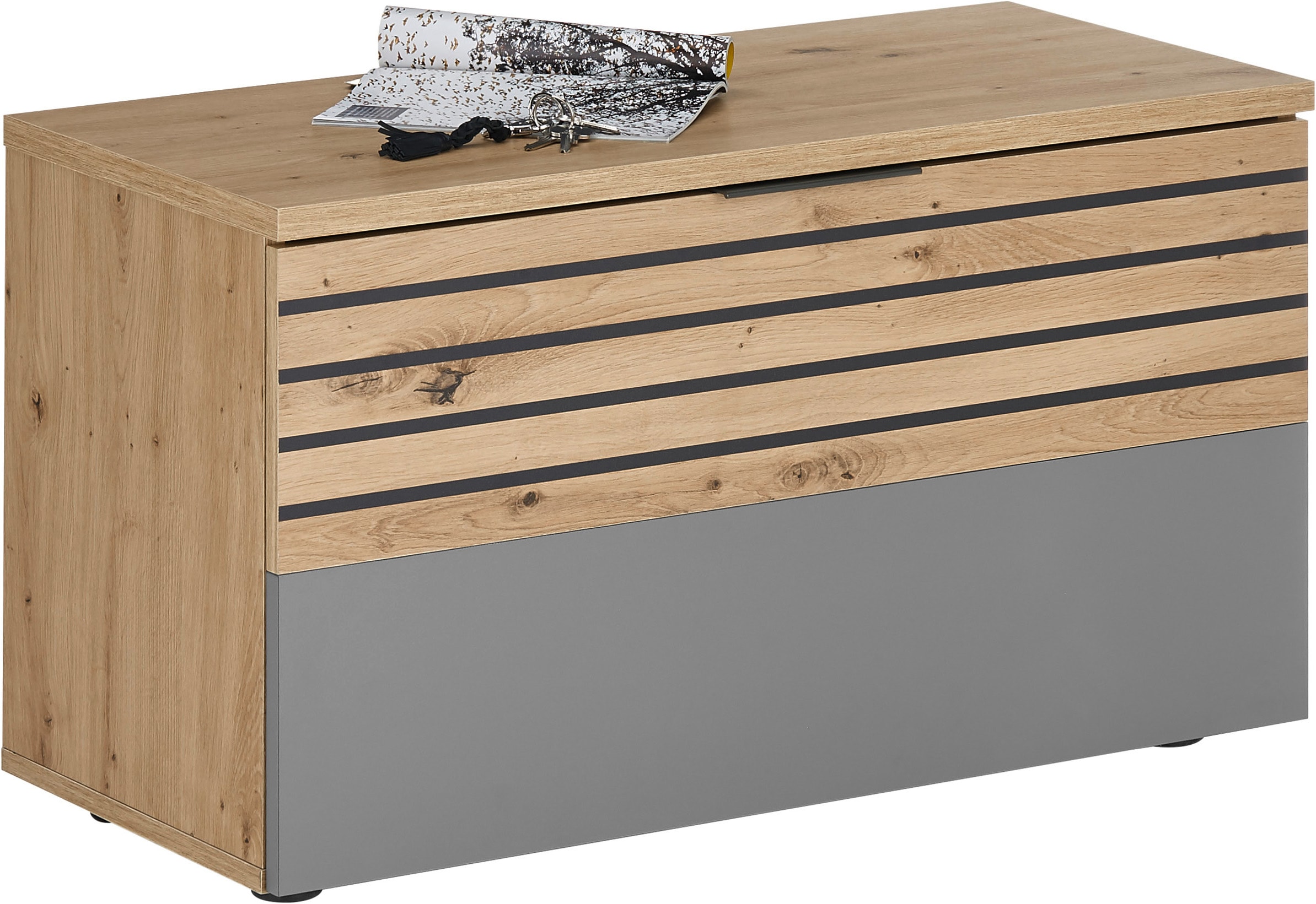 Schuhbank HBZ, B:85cm H:45cm T:38cm, grau, Holzwerkstoff, Flur, Sitzbänke, "Milan Garderobenbank, BxHxT 85x45x38 cm", Mit 1 Klappe und 2 Fächer,