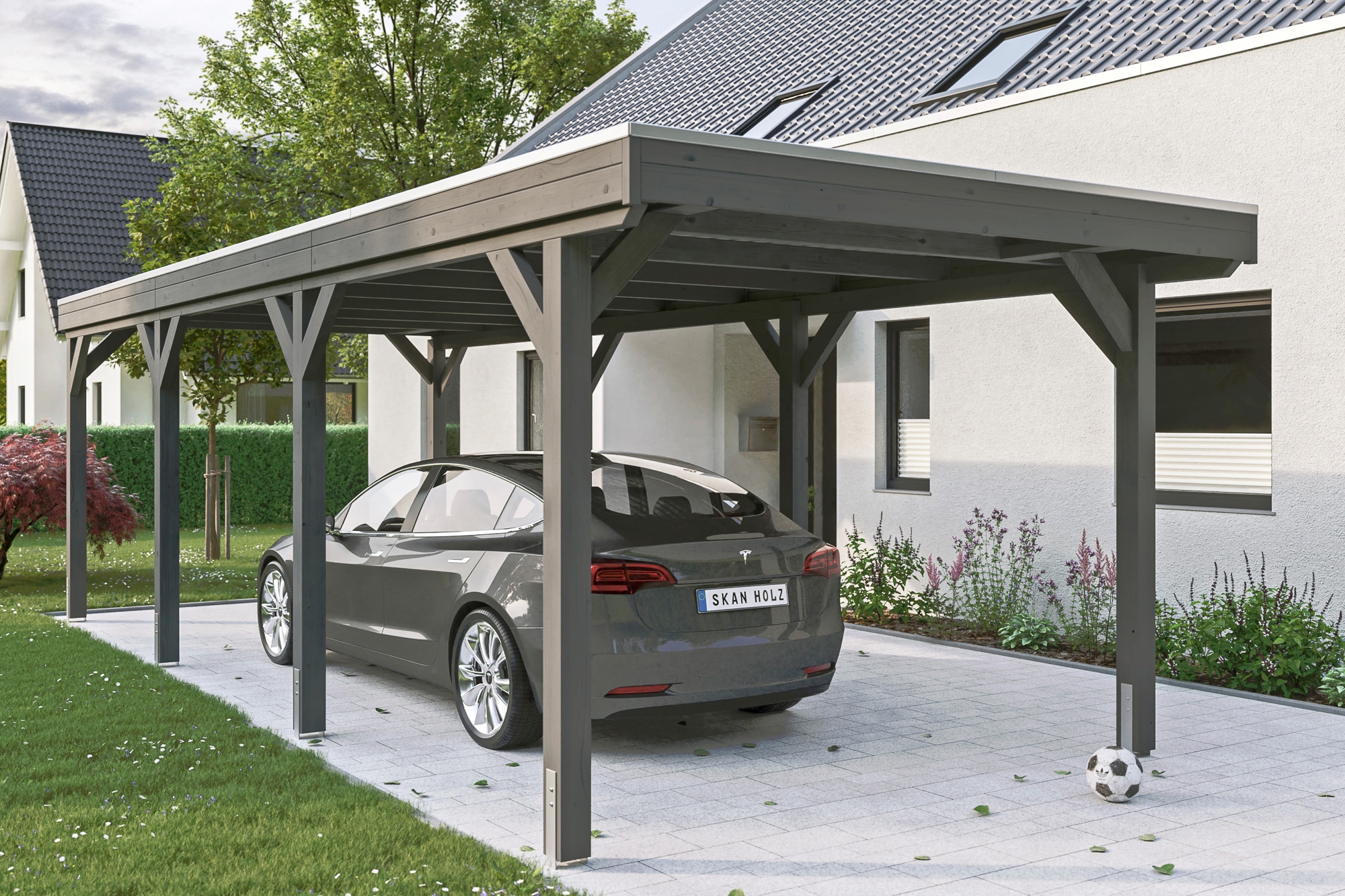 Skanholz Einzelcarport "Grunewald" Leimholz dunkelgrau mit Aluminiumdach