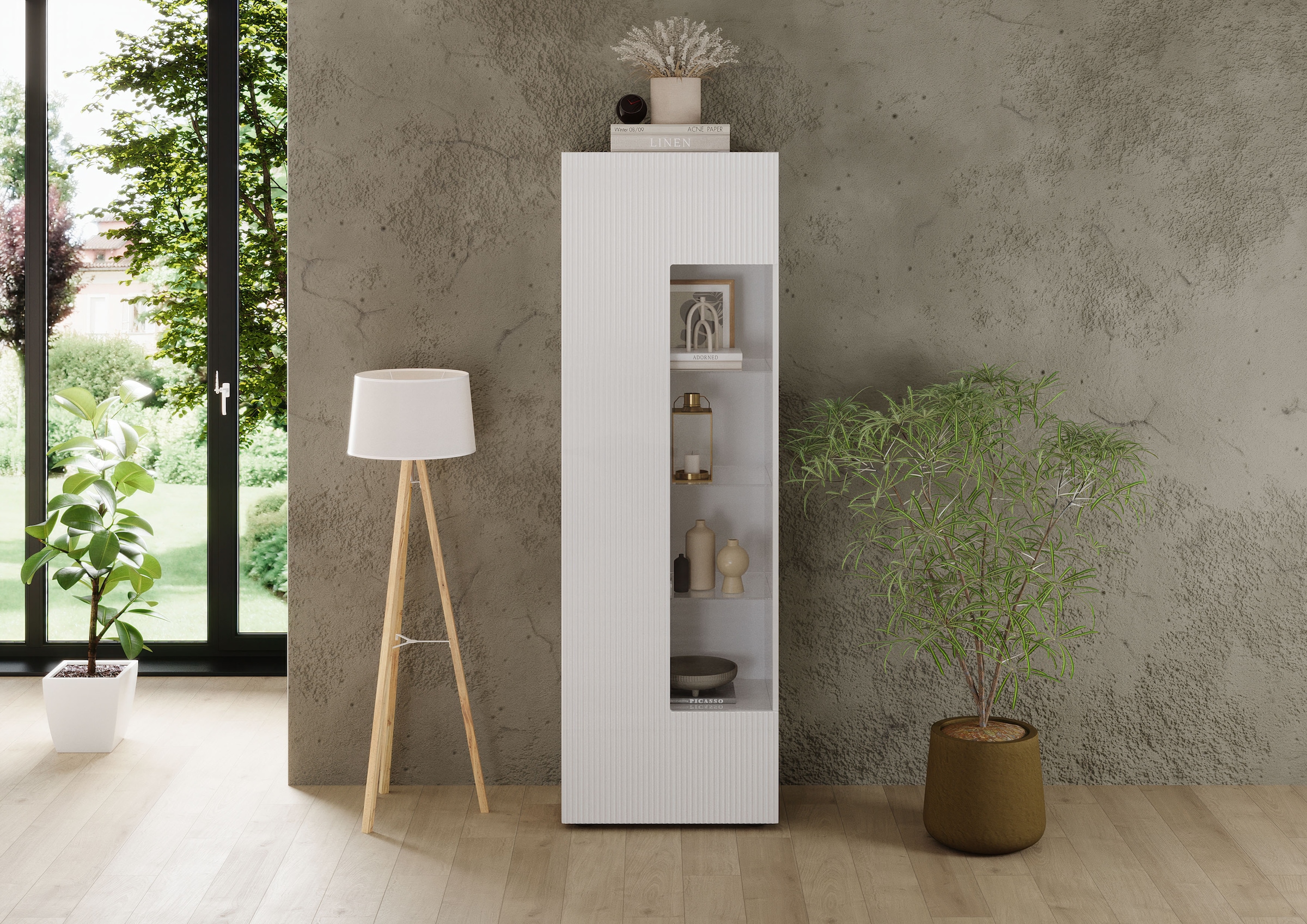 INOSIGN Vitrine »RIO, Höhe 187 cm, Hochschrank mit 1 Tür, Anrichte, Standvitrine«, geriffelte Front, modern u. elegant, viel Stauraum