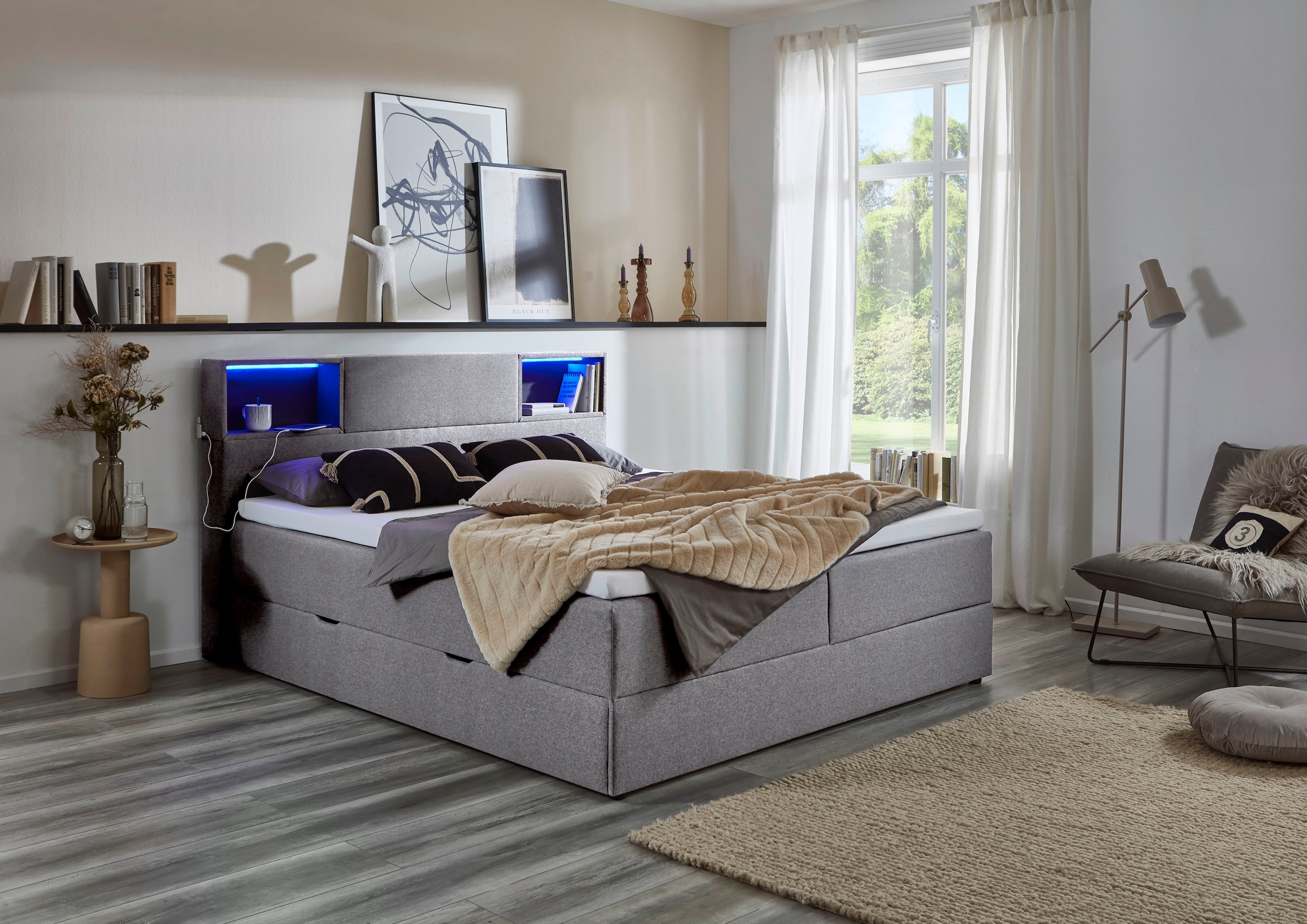 meise.möbel Boxspringbett »Caja mit Bettkasten und Topper«, mit LED ausgestattetes Ablagefach im Kopfteil