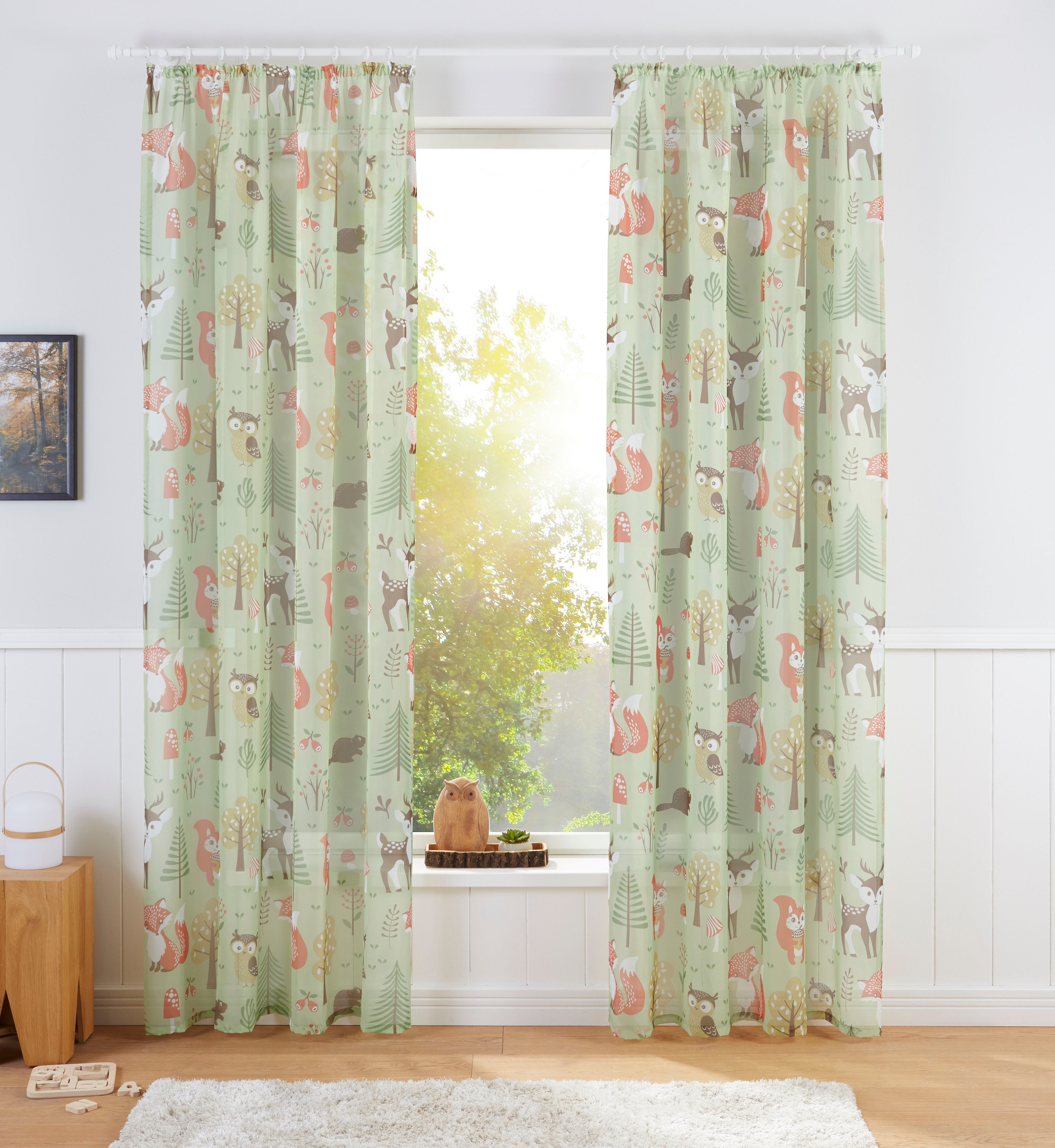 Gardine MY HOME, B:140cm H:245cm, grün, Voile, Polyester, Wohnzimmer, Gardinen, "Waldtiere", Kindergardine, bedruckt, verschiedene Größen