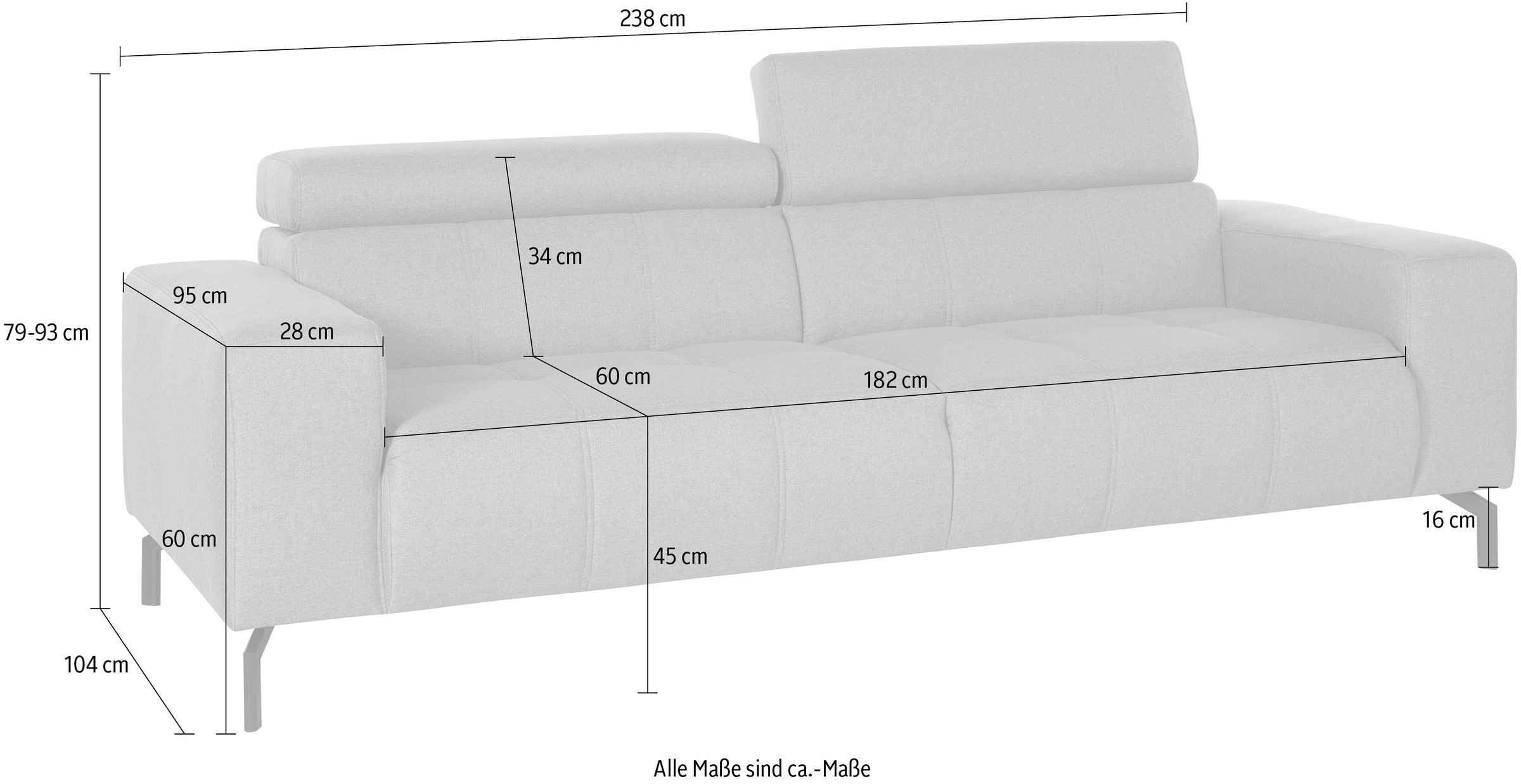 DOMO collection 2,5-Sitzer »Cunelli zeitlos und elegant, moderne Sitznähte als Designelement,«, wahlweise mit 6-fach verstellbaren Kopfteilen, fester Sitzkomfort