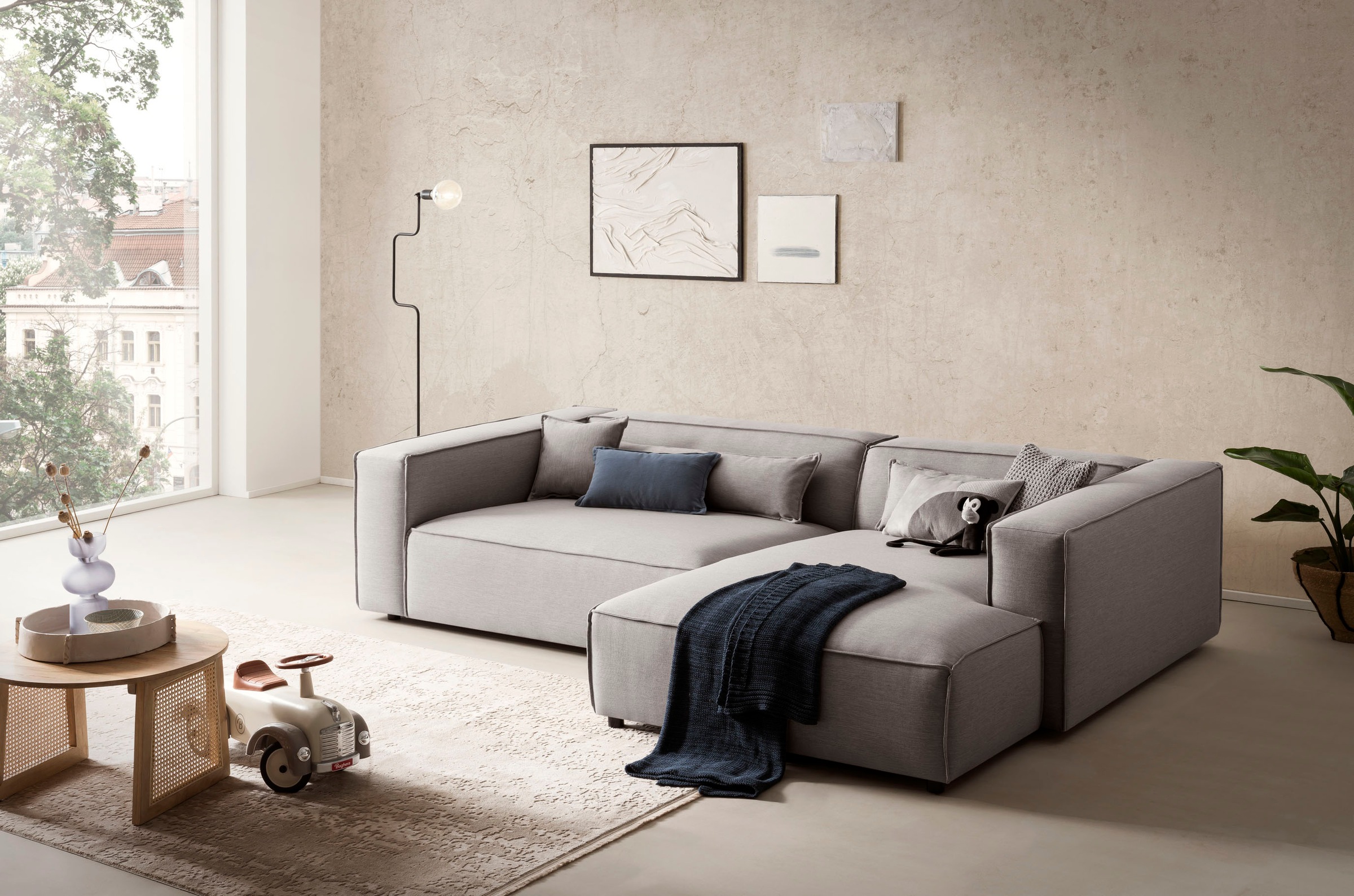 LeGer Home by Lena Gercke Ecksofa »PIARA XXL, Big-Sofa in Cord oder Leinenoptik, L-Form, mit Kedernaht«, wahlweise Ottomane rechts/links, schwarze Füße, extra tiefe Sitzfläche