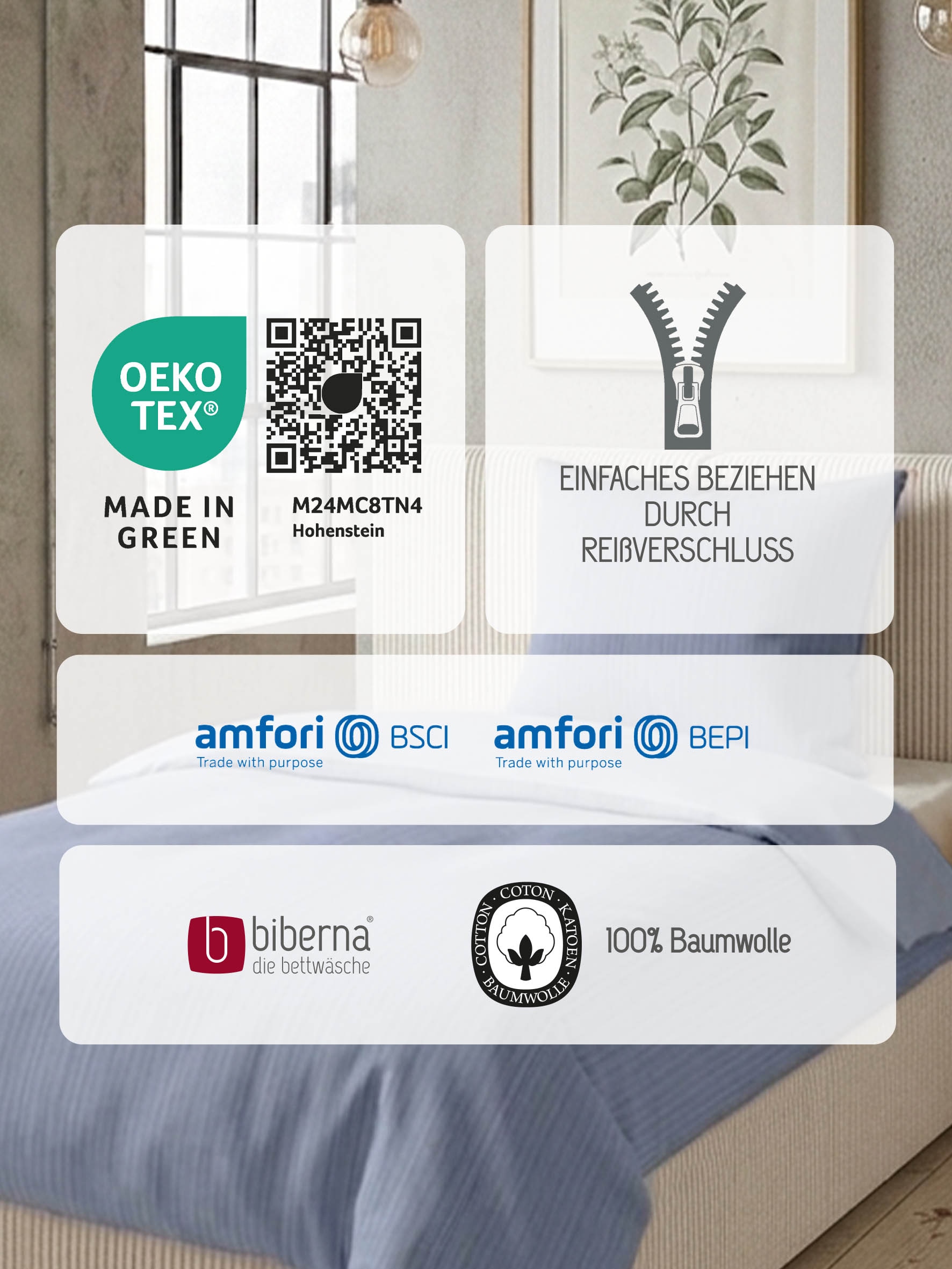 Biberna Wendebettwäsche »0615211 Premium Satin aus 100% Baumwolle mit Reißverschluß« 2 Stk. seidig glatt & atmungsaktiv, Reißverschluss, Feine Streifen