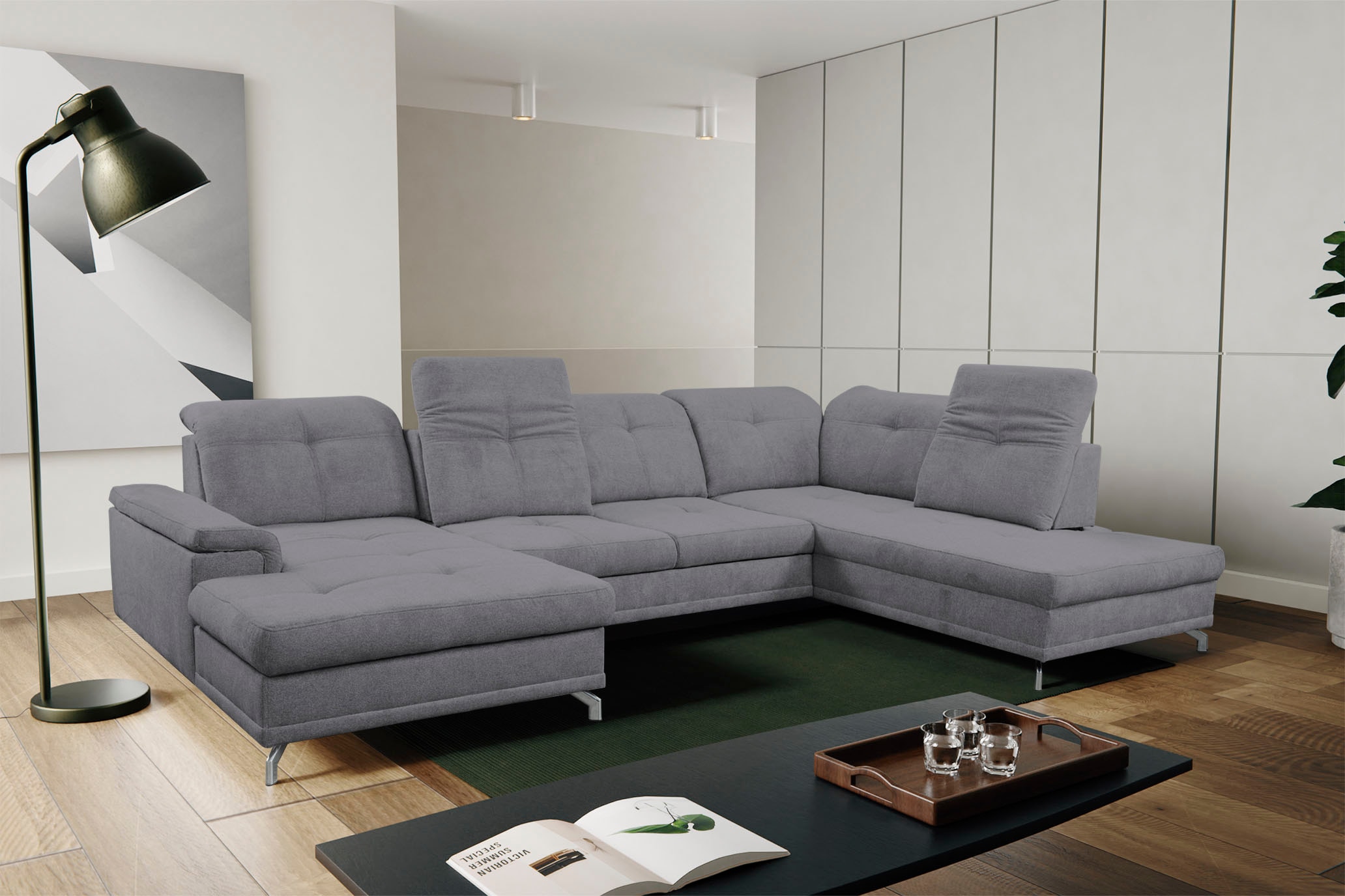 WERK2 Wohnlandschaft »Basel U-Form«, Großes U-Sofa mit Schlaffunktion, Sitztiefe & Kopfteil verstellbar