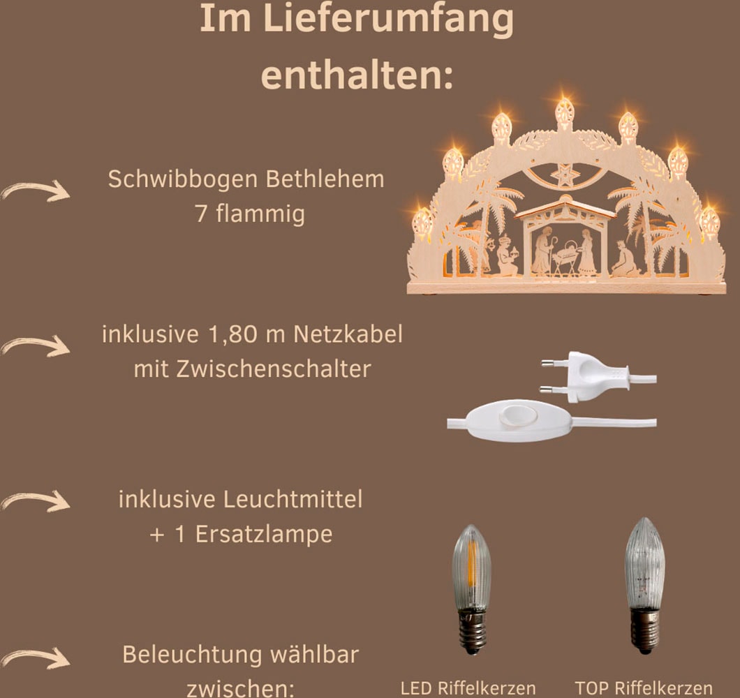 Weigla LED Schwibbogen »Bethlehem, Lichterbogen aus Holz, NATUR, Christi Geburt«, Erzgebirge garantiert, Weihnachtsdeko Innen, Weihnachtsbeleuchtung