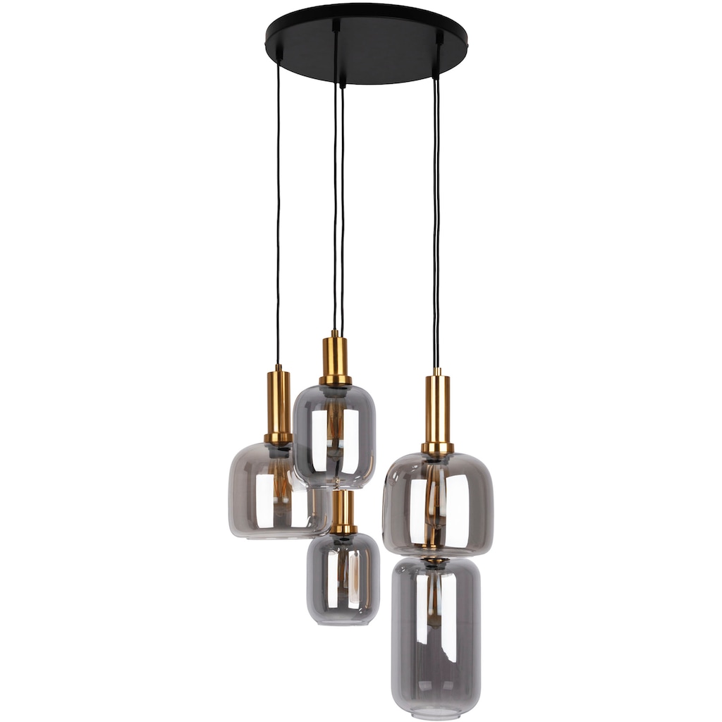 näve Pendelleuchte »Fumo«, 5 flammig-flammig, aus Metall in Schwarz und Gold und Rauchglas, Ø ca. 55 cm, Höhe 150 cm