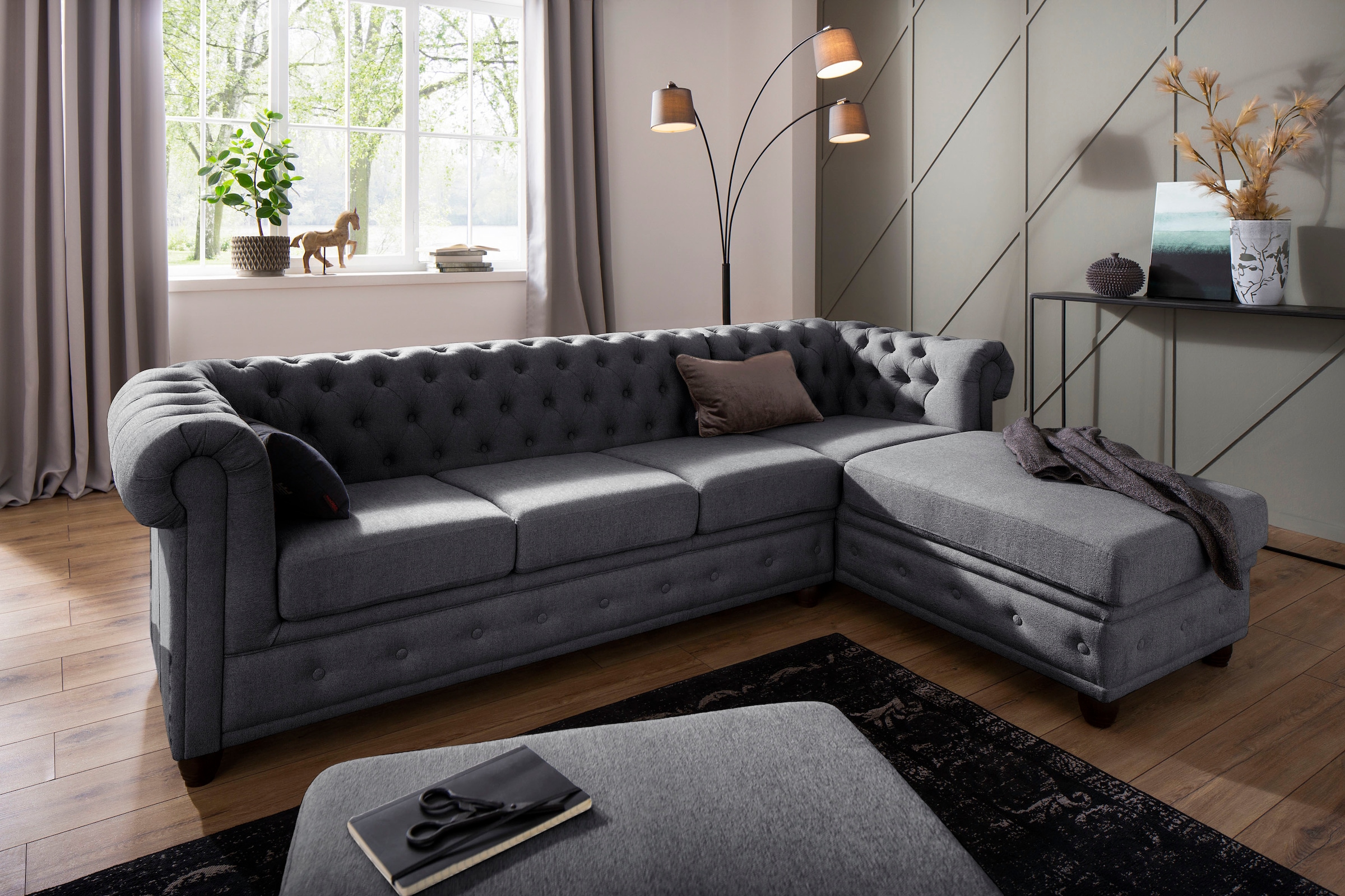 Home affaire Chesterfield-Sofa »New Castle L-Form«, hochwertige Knopfheftung in Chesterfield-Design, B/T/H: 255(171/72)