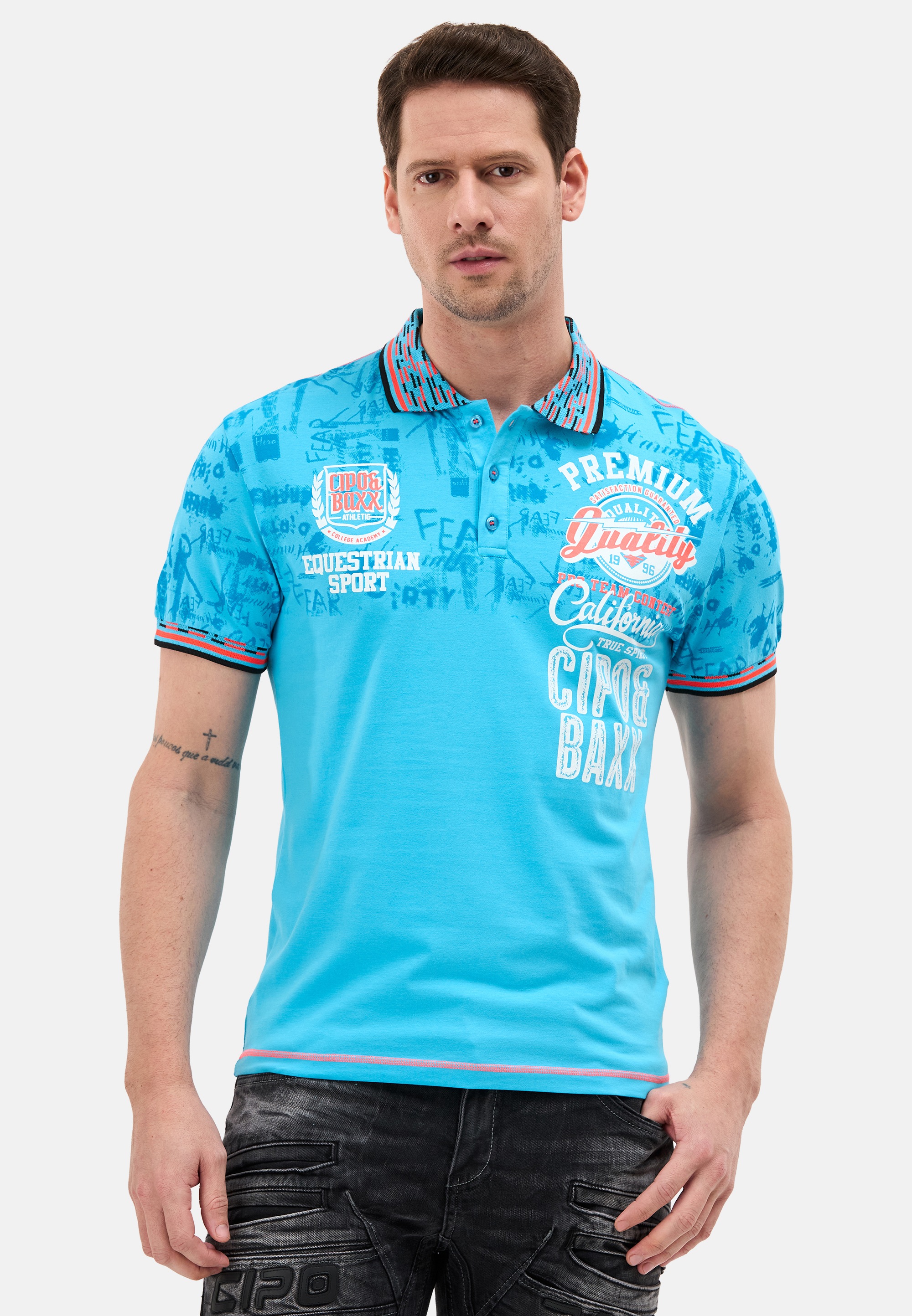 Poloshirt CIPO & BAXX, Herren, Gr. 3XL, turquoise, Jersey, Obermaterial: 95% Baumwolle, 5% Elasthan, bedruckt, unifarben, regular fit normal, Rundhals, Shirts 3