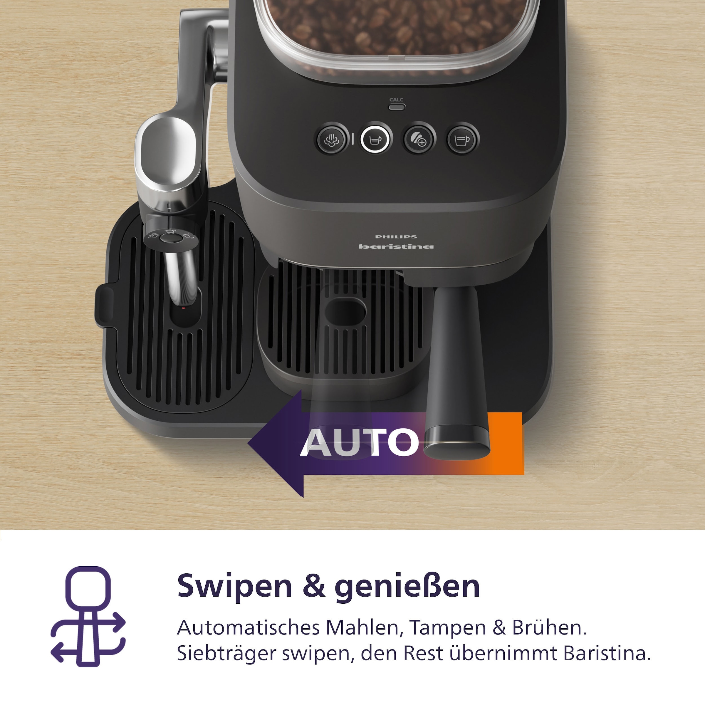 PHILIPS baristina Espressomaschine »Latte BAR400/60 mit Mahlwerk für ganze Bohnen und Milchschaumdüse« 3 Schaumarten, 16 bar Pumpendruck, Schwarzgrau​