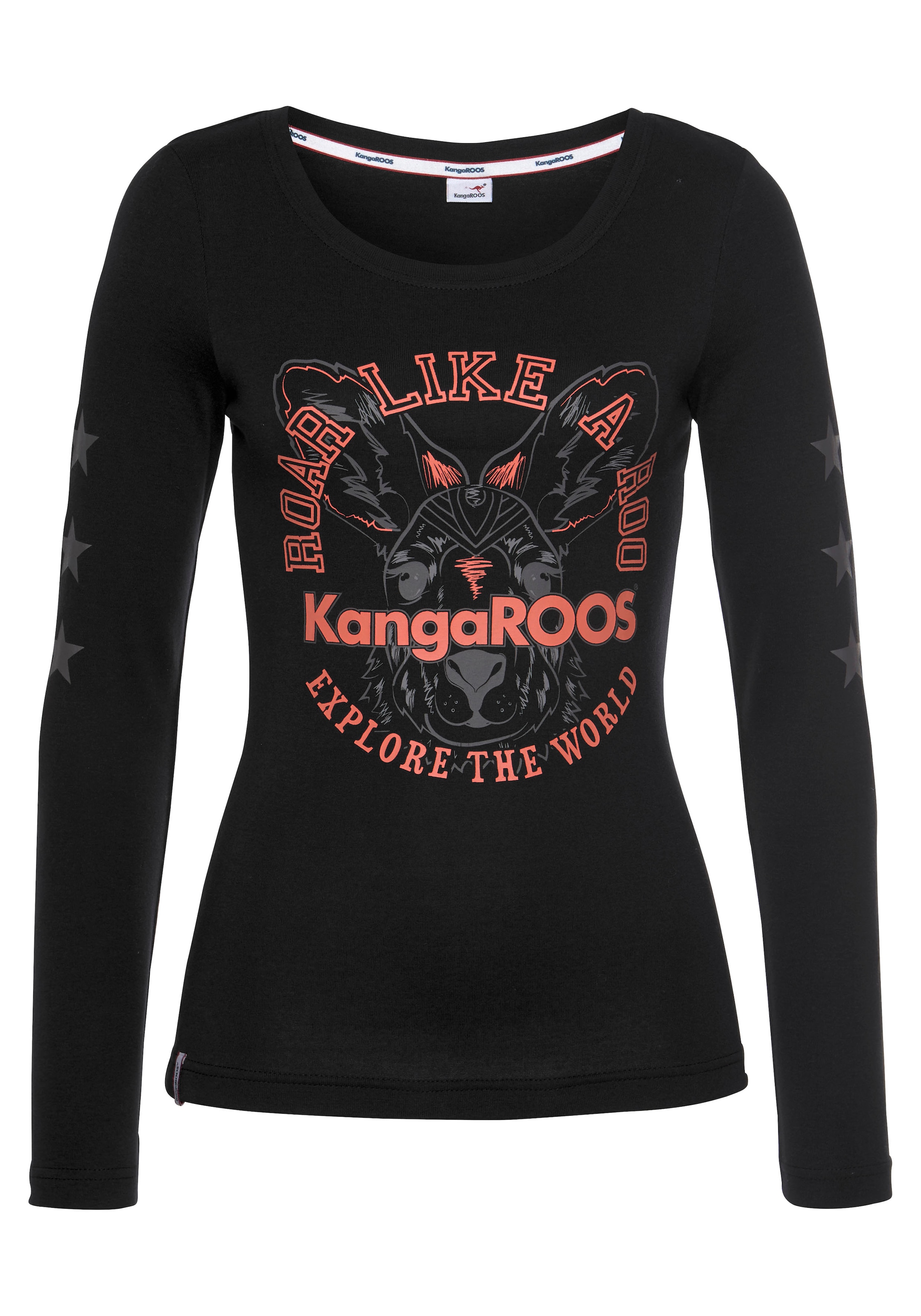 KangaROOS Langarmshirt, Langarm, unifarben mit Farbeinsatz und Logodruck