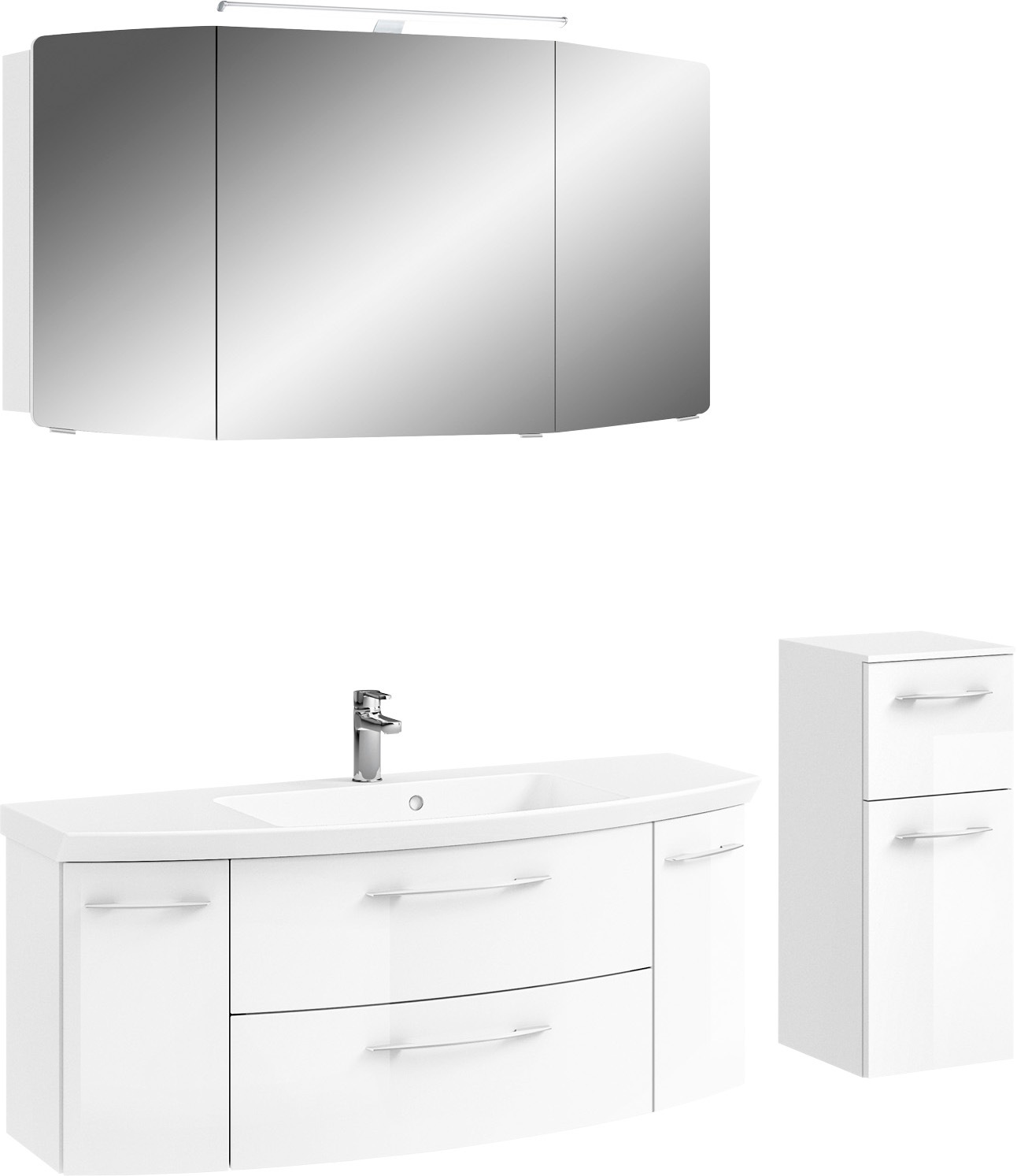 Saphir Badmöbel-Set »Cassca Sprint 3-teilig Mineralmarmor-Waschtisch mit LED-Spiegelschrank«, (4 St.), Unterschrank, inkl. Türdämpfer, 6 Türen, 3 Schubladen