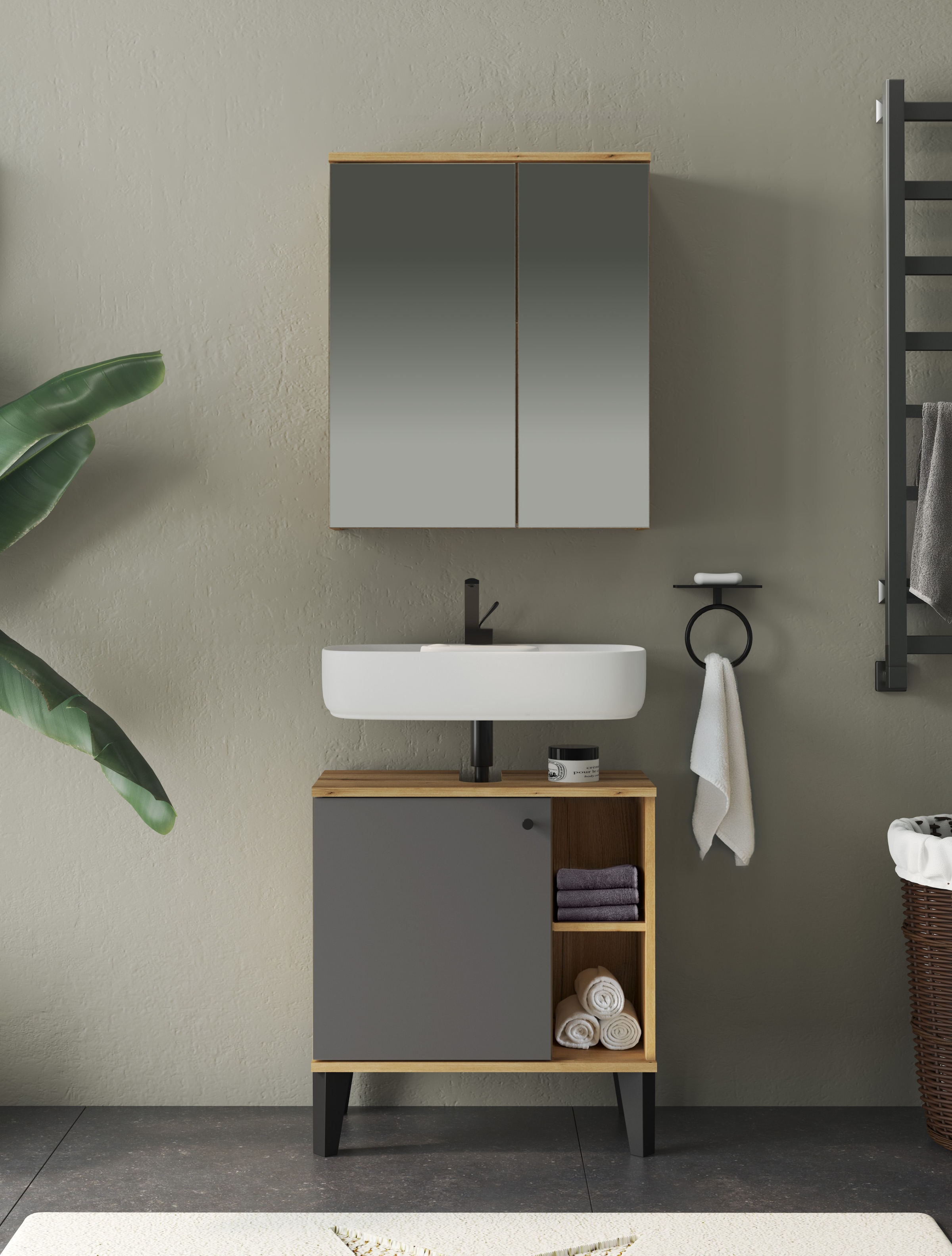 INOSIGN Badmöbel-Set »OSLO, Bad im skandinavischen Design, 2-teiliges Badezimmer«, (Set, 2 St.), Unterschrank und Spiegel, in zwei Farben verfügbar, viel Stauraum