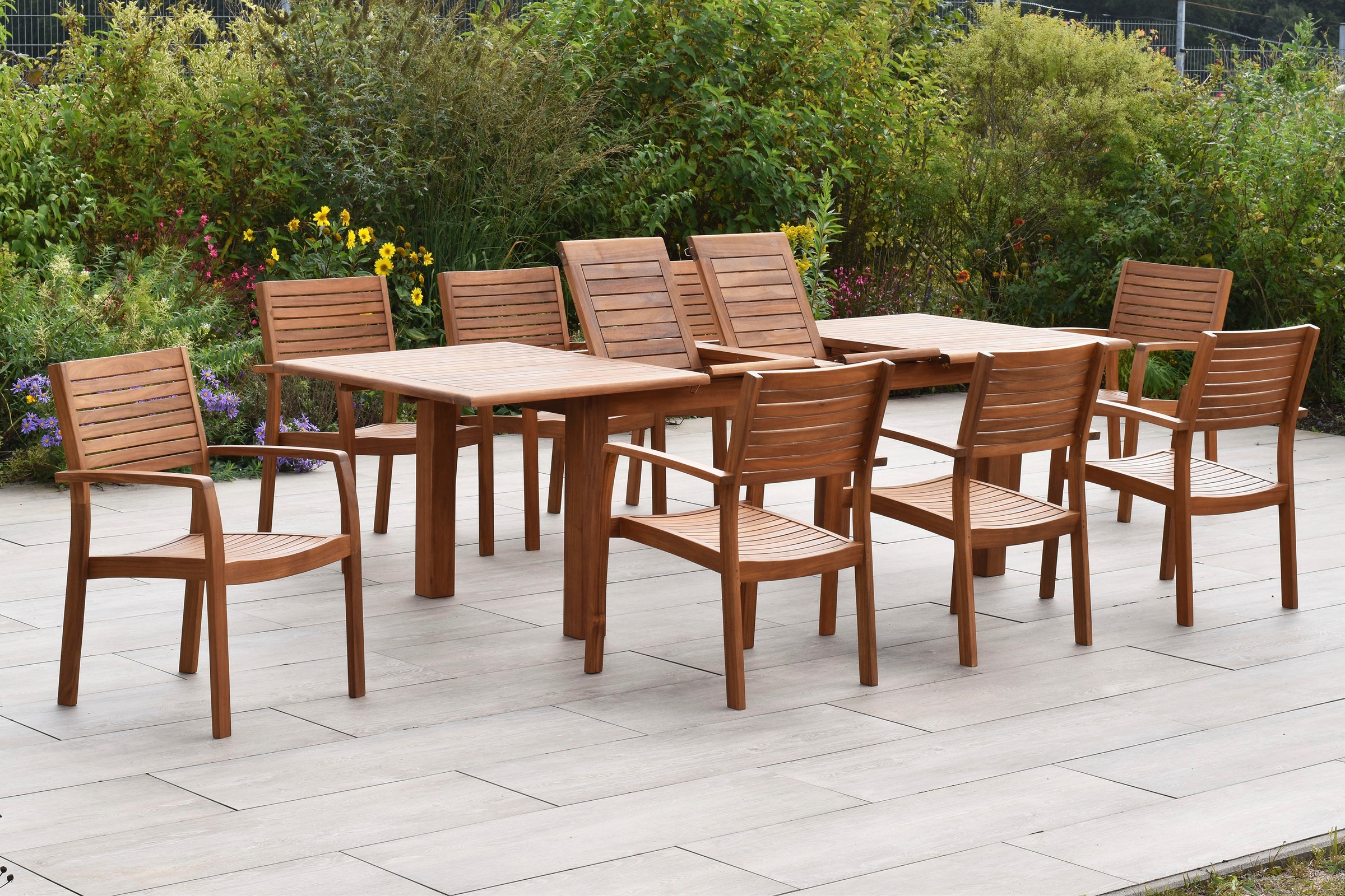MERXX Garten-Essgruppe »»Batavia««, (Set, 9 tlg., Tisch doppelt ausziehbar: 100x 180/220/260x 75 cm), Sessel stapelbar, Doppelausziehtisch Beine 9x9 cm stark