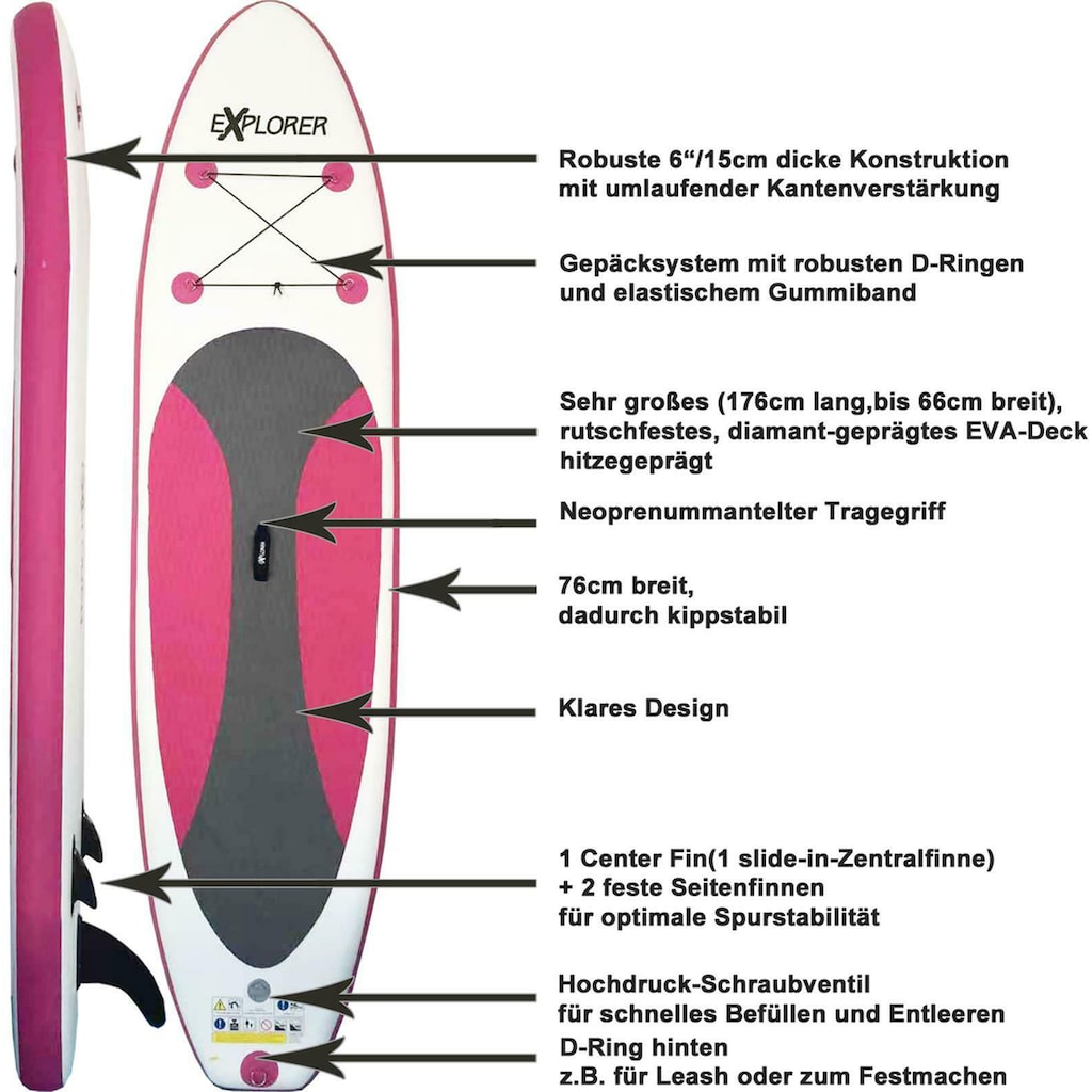 EXPLORER Inflatable SUP-Board »Explorer SUP 300 pink«, (Set, mit Paddel, Pumpe und Transportrucksack)