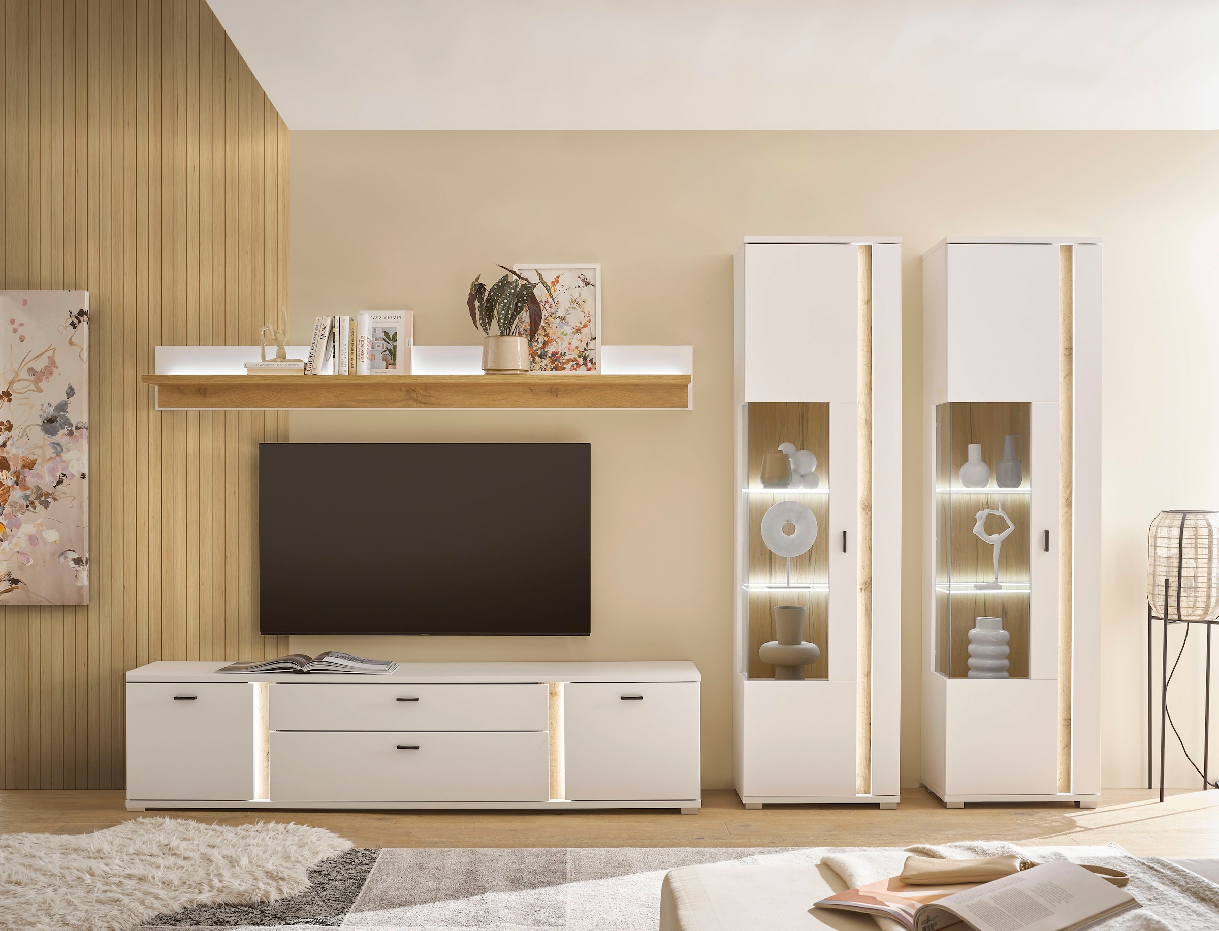 Wohnwand HOME AFFAIRE, B:330cm H:200cm T:42cm, weiß, Holzwerkstoff, Wohnzimmer, Kastenmöbel-Sets, "LONG ISLAND", in moderner Trendfarbe,inklusive