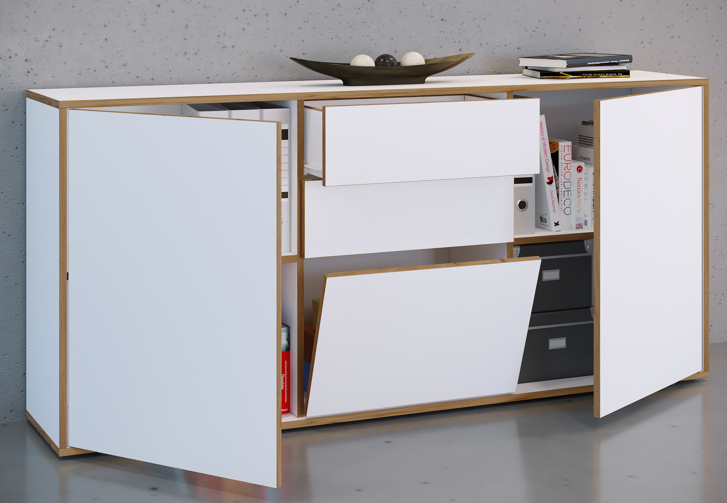 VCM Kommode »VCM Holz Kommode | Sideboard mit Drehtüren, Schubladen und einer Klappe | Büromöbel | Maße ca. H. 74 x B. 160 x T. 33cm - Salia«, (VCM Salia)