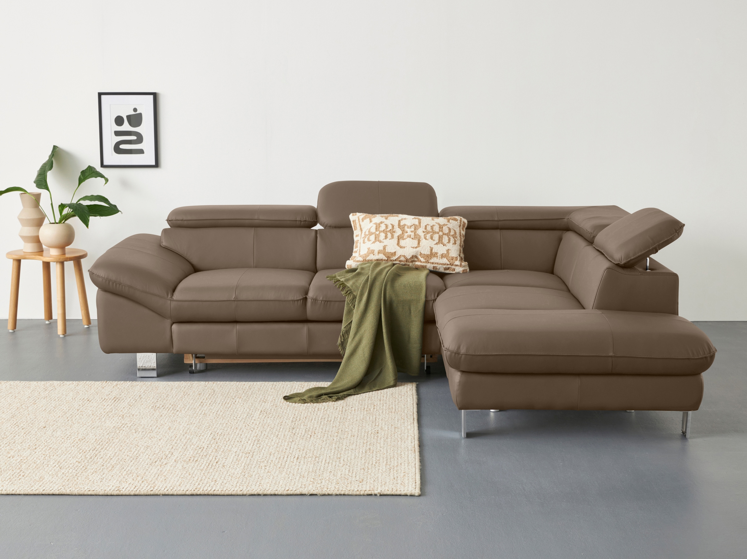 COTTA Ecksofa "Driver L-Form, B: 265 cm, moderne Couch mit Wellenunterfederung, Leder" inkl. 3x Kopfteilverstellung, optional mit Schlaffunktion + Stauraum
